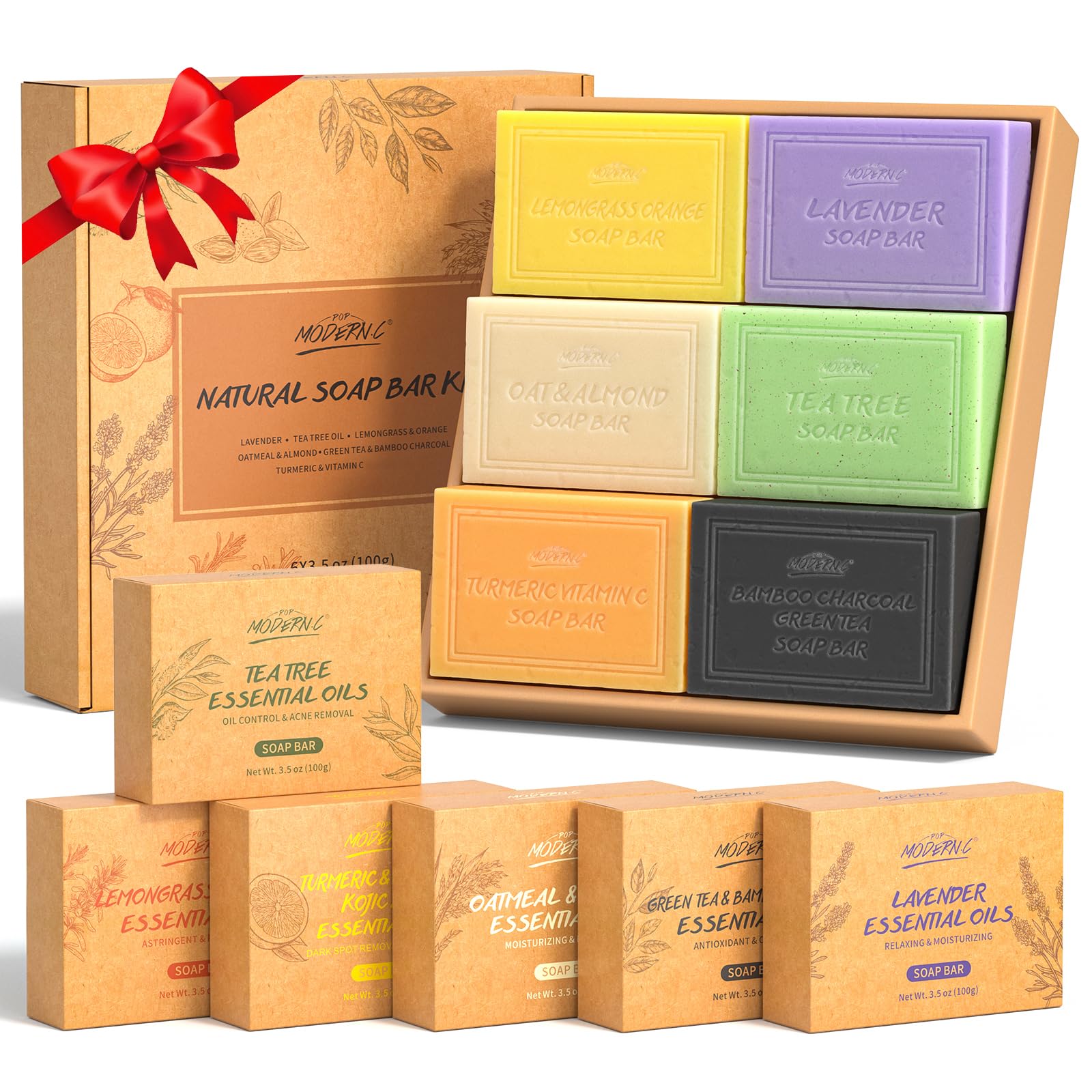 Organic Natural Soap Bar Gift Set - Lavender, Tea Tree, Lemongrass, Oatmeal Almond & More (6x3.5oz) | Chemical-Free Body Wash for Women & Men | Perfect for Spa Day, Self-Care Gifts & Eco-Friendly Bath Routine