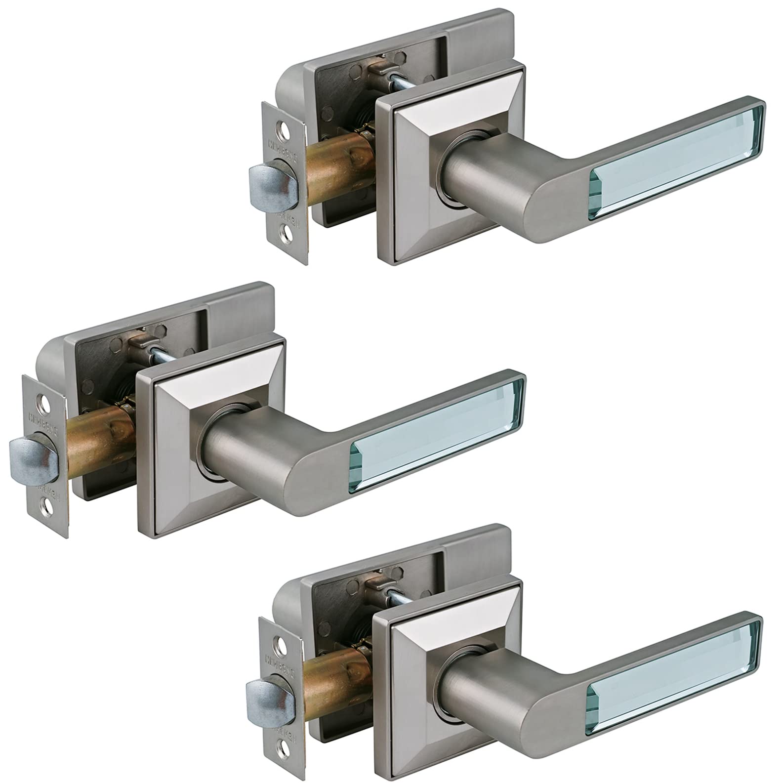 3 Pack Brushed Nickel Glass Crystal Door Lever Set - Non-Locking Passage Lever Handle for Hallway, Closet & Interior Doors - Durable & Stylish Hardware for Home & Office Use