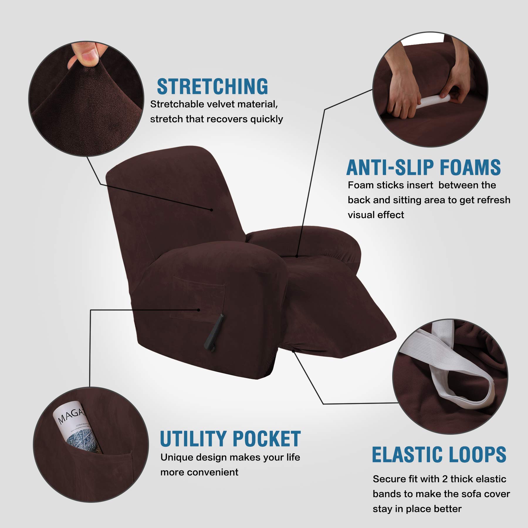 H.VERSAILTEX 6-Piece Recliner Chair Slipcover Set - Stretchable Furniture Protector for Loveseat & Recliners (Brown) - Perfect for Living Room, Home Theater & Office Decor
