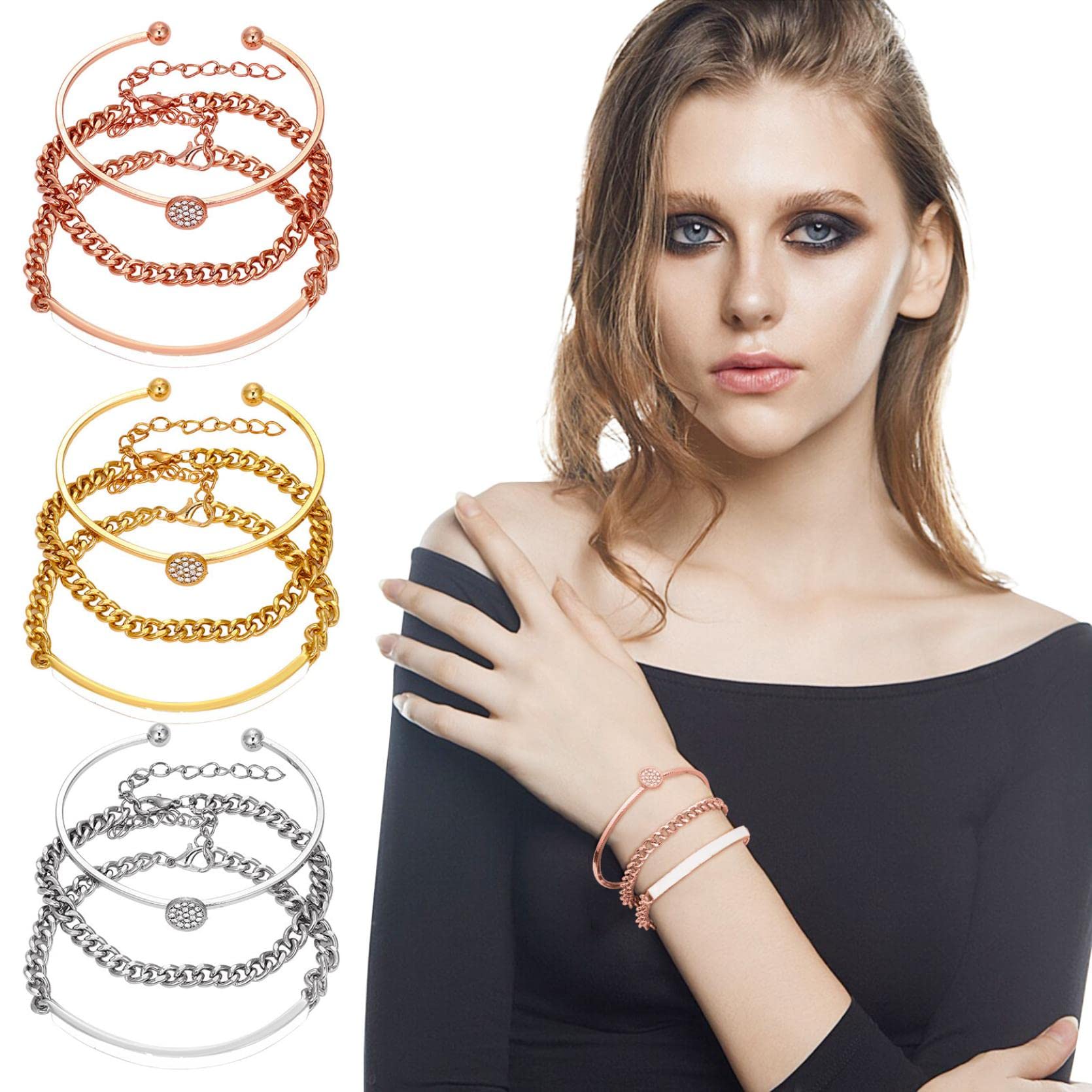 3Pcs Crystal Charm Multilayer Bracelets for Women - Gold/Silver/Rose Gold Tree of Life Stretch Bracelet Jewelry Set, Boho Wedding Party Accessories - Perfect for Everyday Wear, Gifts & Special Occasions