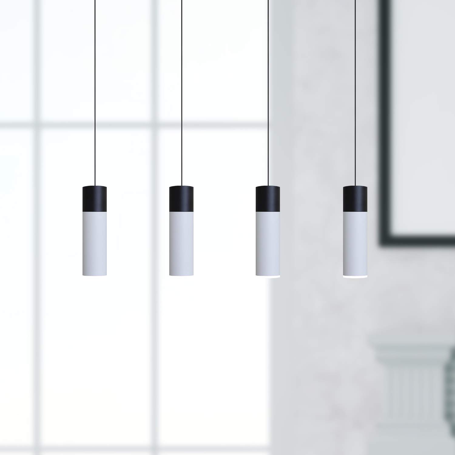 Vela 4 Mini Pendant Lighting Set - Modern Black & White LED Hanging Light Fixture for Kitchen Island, Bar Counter, Dining Room & Foyer - Adjustable Dimmable Cluster Pendants with Included Bulbs - Perfect for Home Decor, Restaurant Lighting & Commercial Spaces