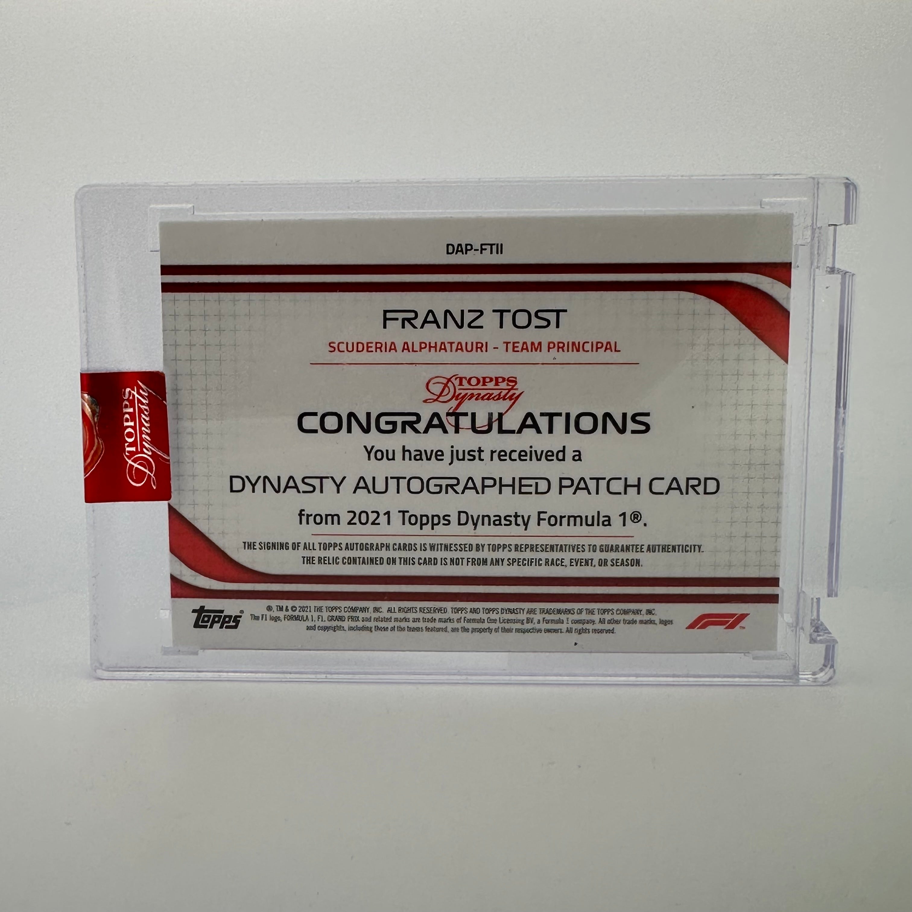 2021 Dynasty Franz Tost Autograph Patch #DAP FTII - 4/5 Red - Perfect for F1 Collectors & Motorsport Memorabilia Enthusiasts