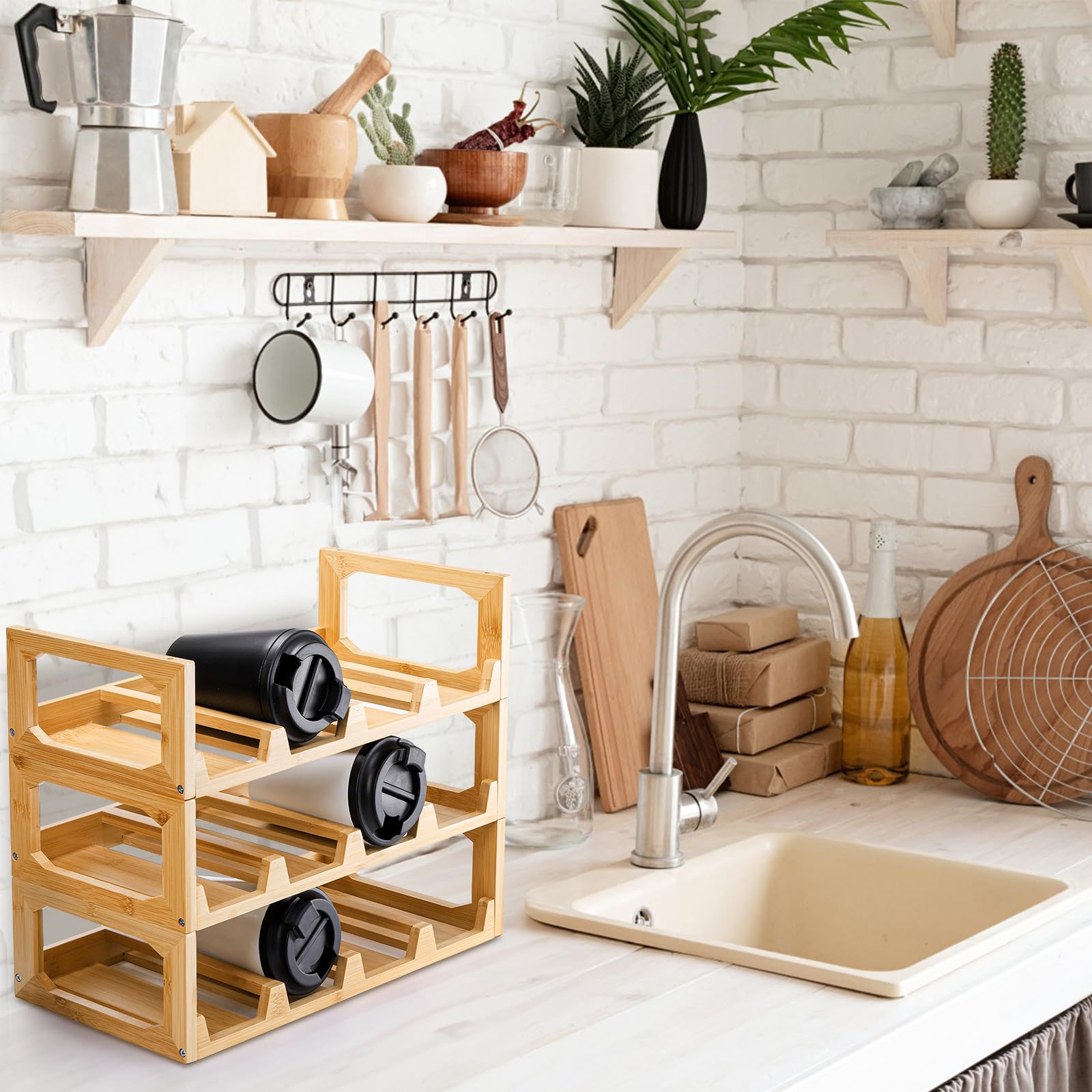 3 Tier Stackable Bamboo Water Bottle Organizer - Space Saving Tumbler & Wine Bottle Storage Rack for Kitchen Cabinet - Holds 12 Bottles - Perfect for Organizing Cups, Tumblers & Wine Bottles in Home or Office