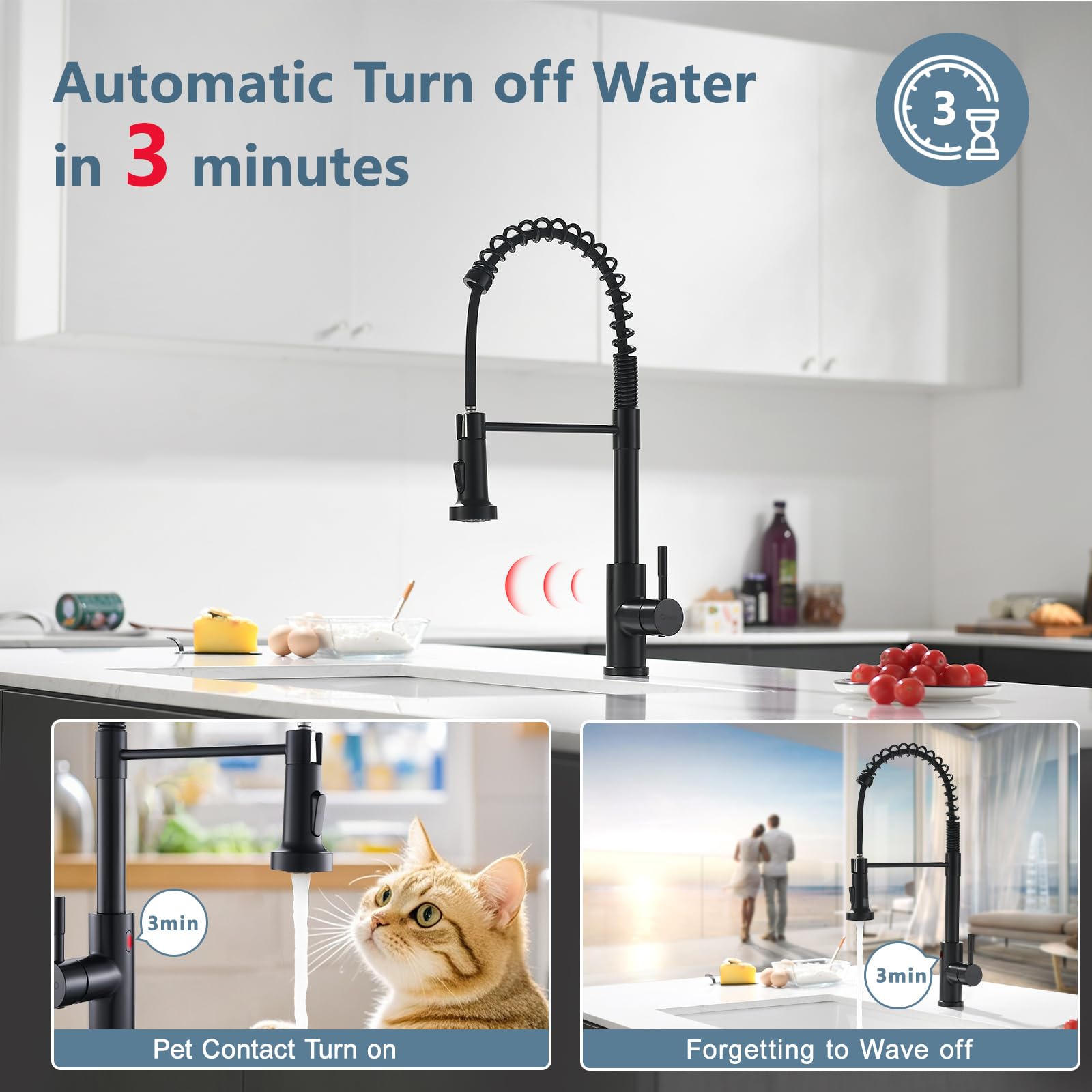 GIMILI Glossy Black Touchless Kitchen Faucet with Pull Down Sprayer - Single Handle Spring Activated Motion Sensor Faucet for Modern Kitchens & Easy Cooking Cleanup