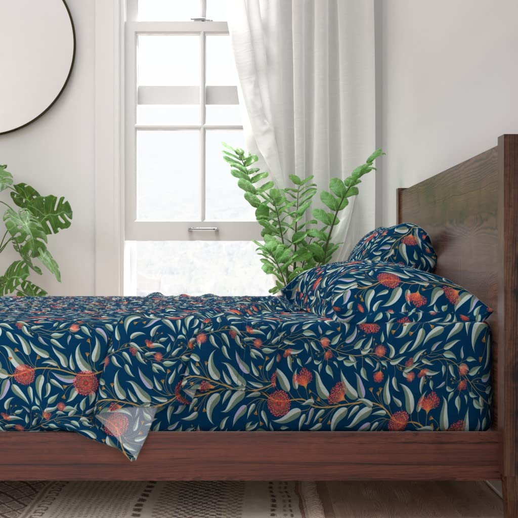 Premium 100% Cotton Twin Sheet Set (3-Piece) - Green Floral Tree Night Sage Navy Garden Moonlight Print | Soft Breathable Bedding for Home, Guest Room & Dorm | Spoonflower Custom Design