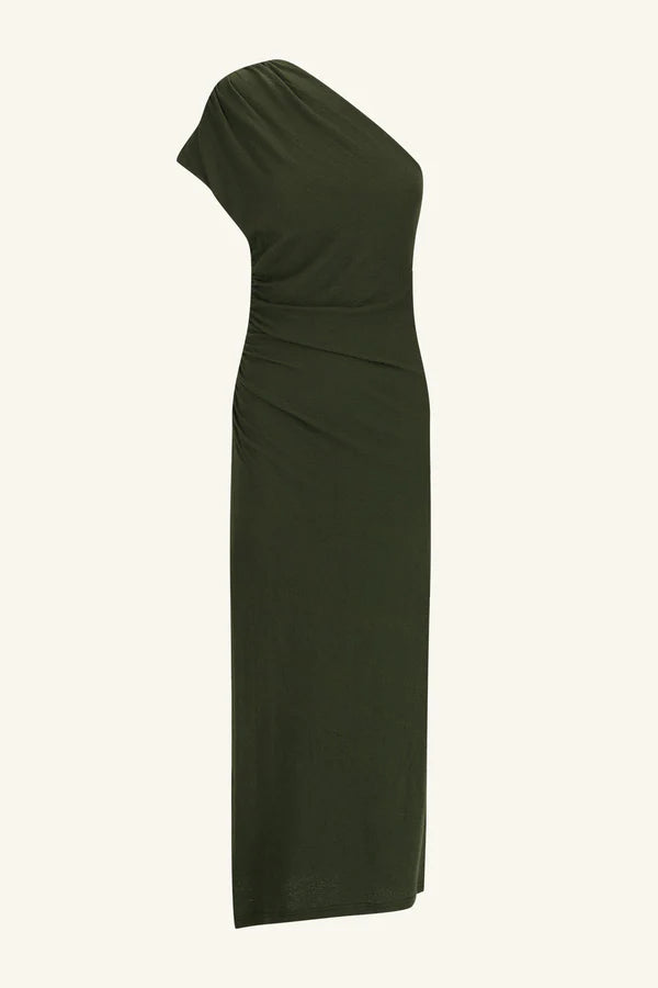 Beau Asymmetrical Midi Dress in Army Green - Women's Fashion A-Line Flowy Dress for Casual Outings, Date Nights & Special Occasions