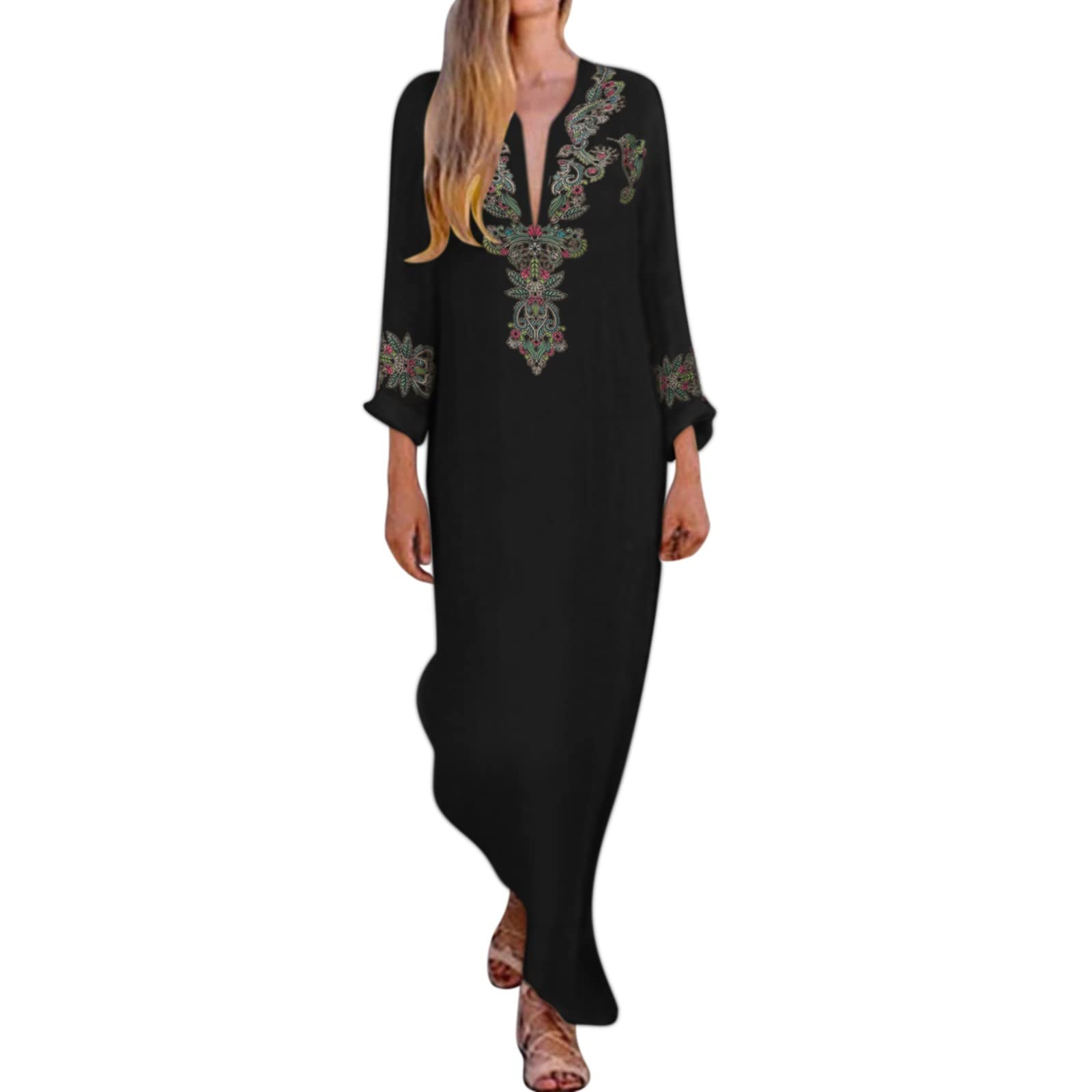 Boho Maxi Dress for Women - Flowy V-Neck Long Black Casual Dress with Fashion Print | Perfect for Beach Vacations, Summer Outings & Boho Chic Style
