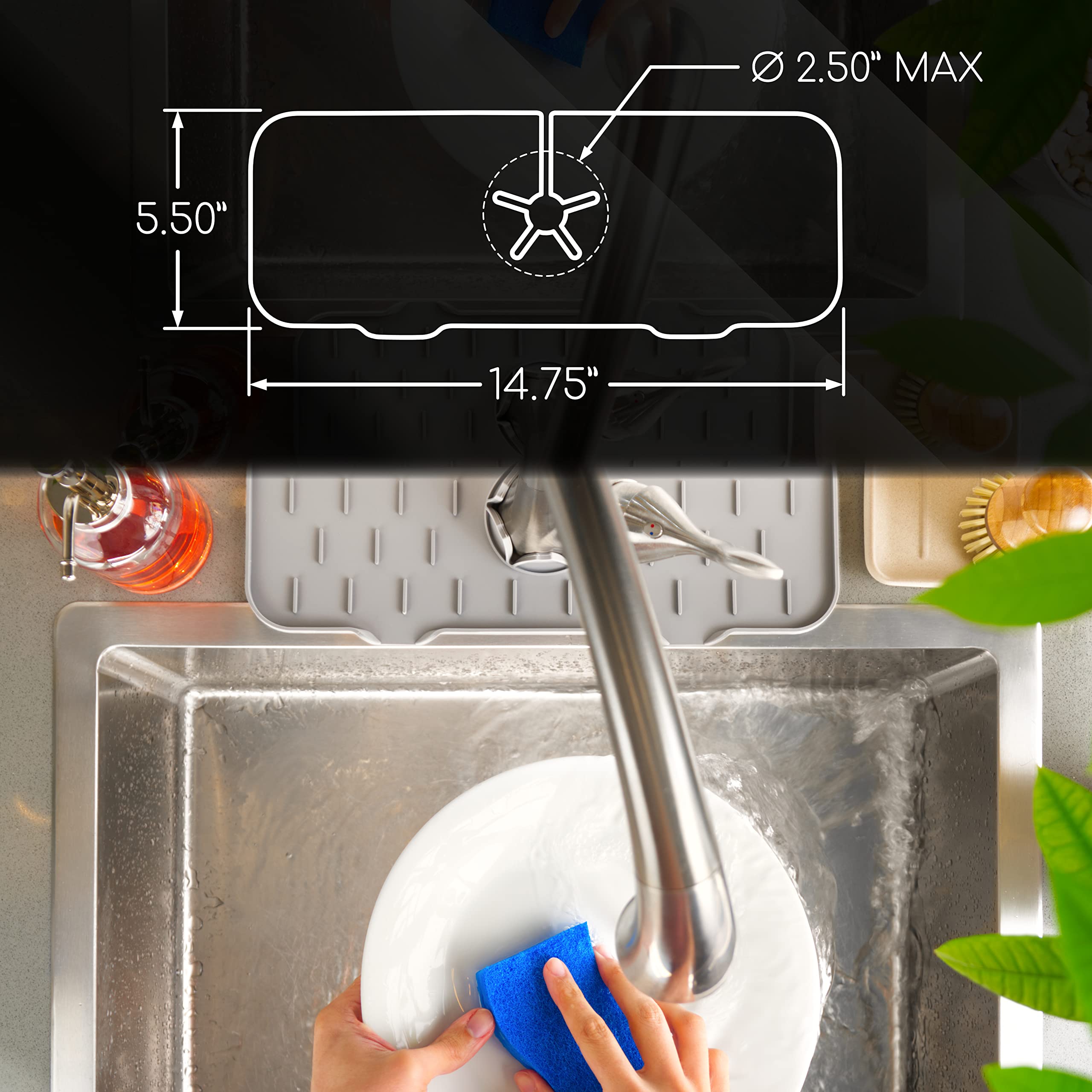 Ternal Silicone Faucet Handle Drip Catcher Tray Mat - Non-Slip Kitchen Sink Accessories, Dish Soap Sponge Holder & Drying Mat for Counter, Bathroom (Grey) | Perfect for Organizing Sink Area & Preventing Water Spills