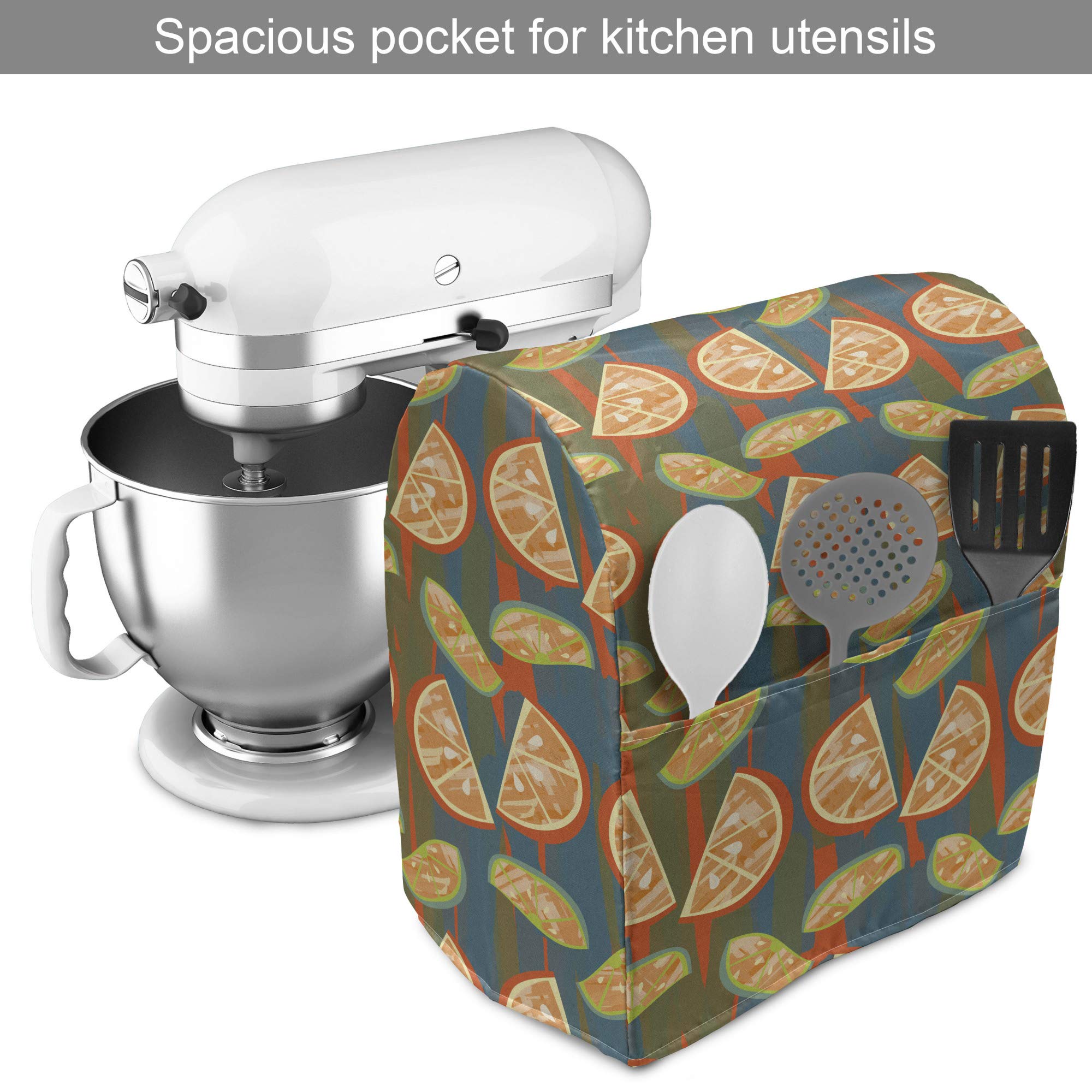 Ambesonne Fruits Stand Mixer Cover - Orange & Lemon Slices on Blue Stripes, 6-8 Quart Kitchen Appliance Organizer with Pocket | Perfect for Kitchen Organization & Countertop Decor