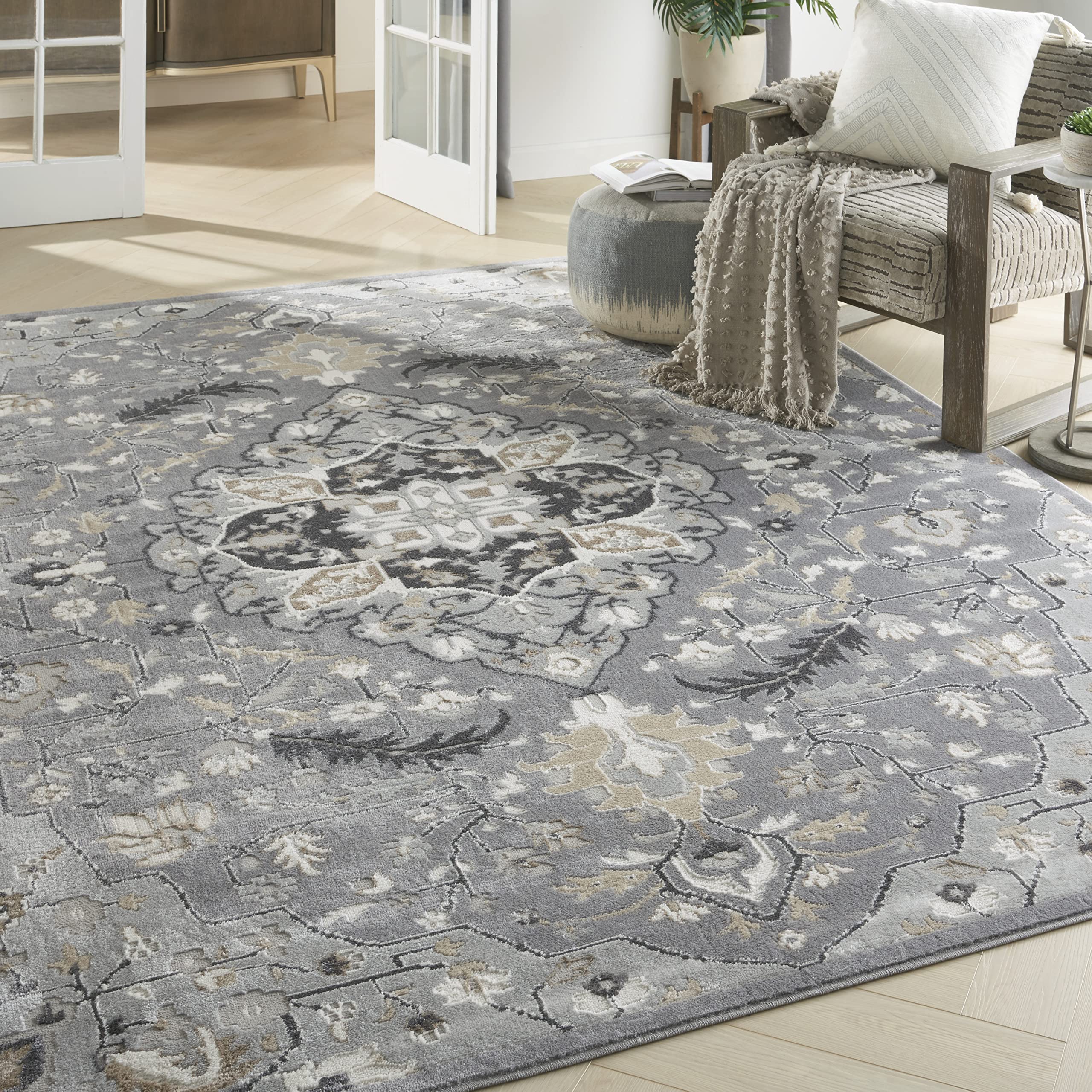 Nourison Elation Floral Grey 9' x 12' Area Rug - Easy Clean, Non-Shedding, Stain Resistant - Perfect for Bedroom, Living Room, Dining Room & Kitchen Decor (9x12)