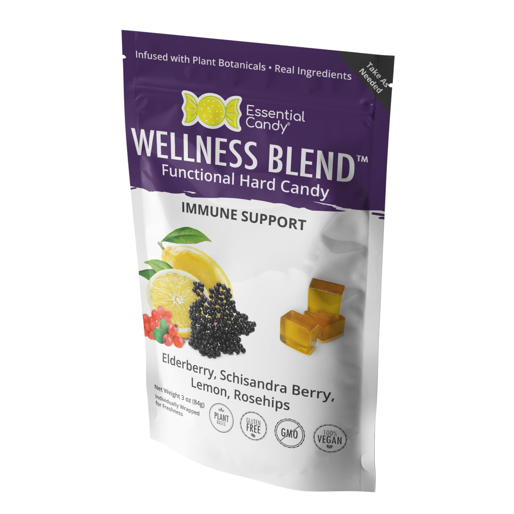 Organic Elderberry Immune Support Hard Candy with Schisandra Berry, Lemon & Rosehips - Gluten Free, Non-GMO, Vegan Wellness Blend (24 Count) - Perfect for Travel, Office Snacks & Daily Immune Boosting