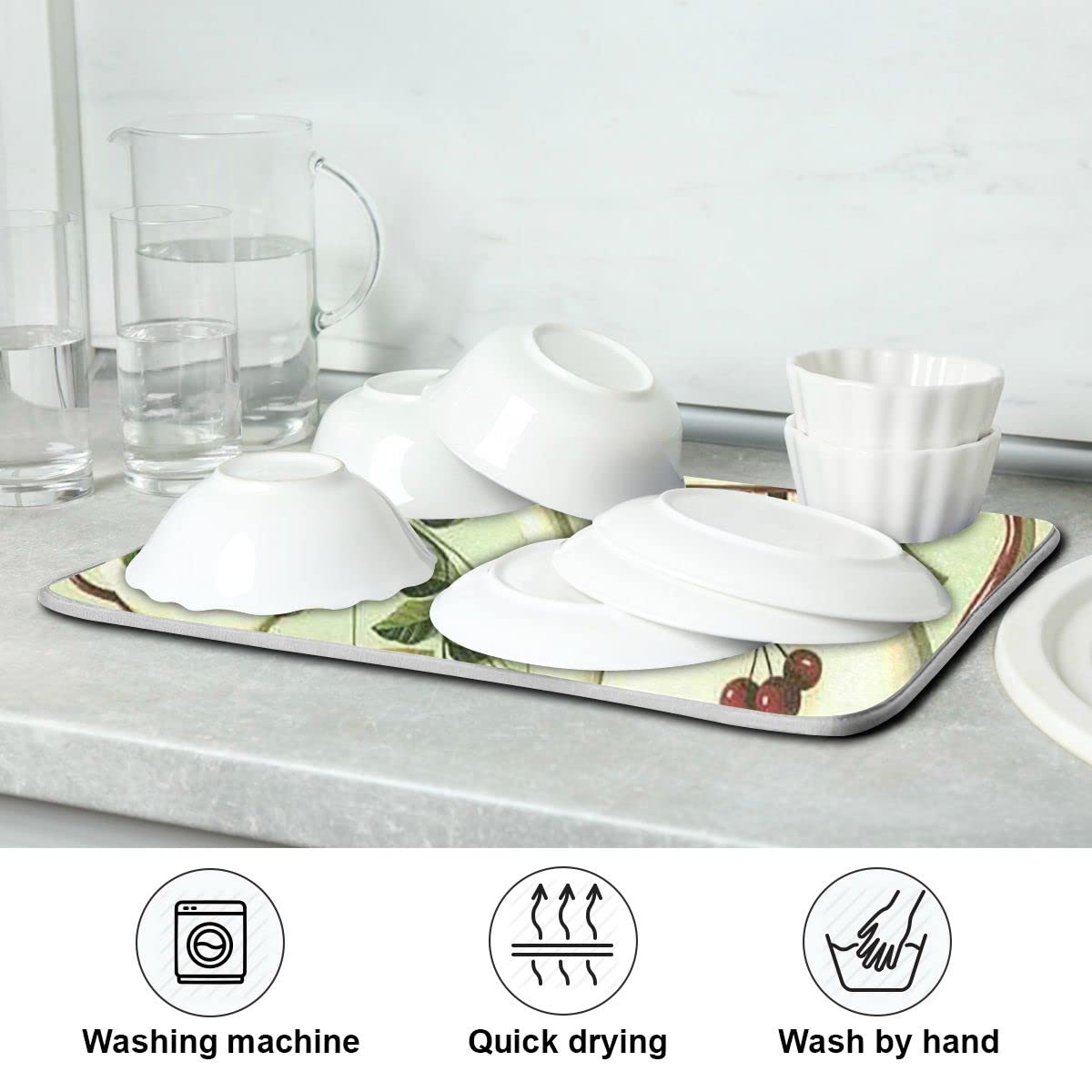 Lemon Cherry Leaf Microfiber Dish Drying Mat - 16x18 Inch Absorbent Reversible Kitchen Tea Cup Pot Drain Pad | Perfect for Countertop Protection & Dish Rack Organization