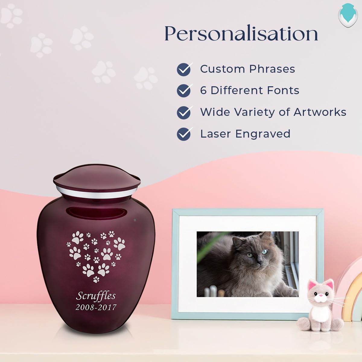 Cherry Purple Pet Cremation Urn for Ashes - Heart Paws Design Memorial Keepsake | Perfect for Honoring Beloved Dogs, Cats & Small Pets at Home or Memorial Services
