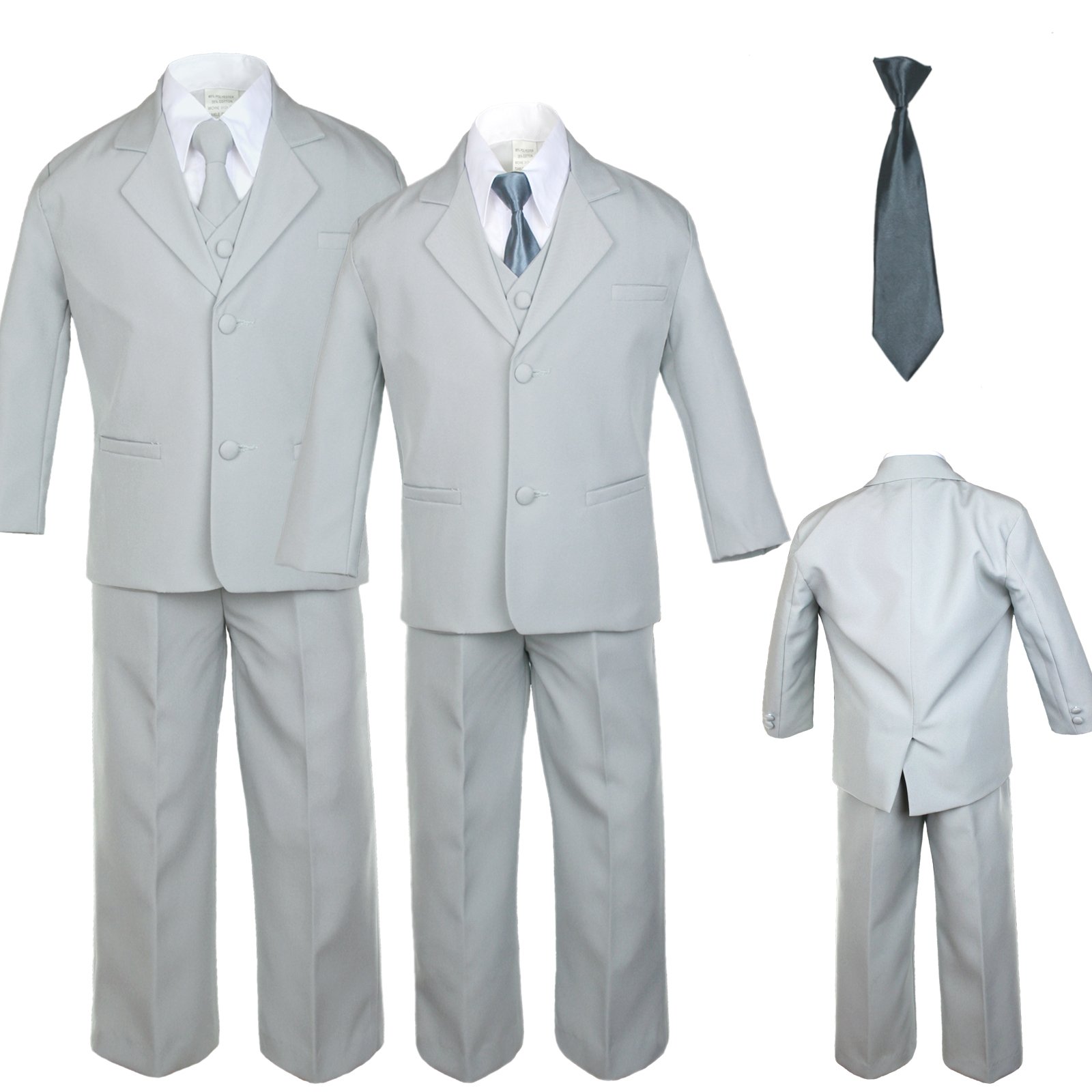 6-Piece Boys' Gray Formal Tuxedo Vest Set with Satin Dark Gray Necktie - Perfect for Weddings, Parties & Special Occasions (Sizes Baby to Teen)