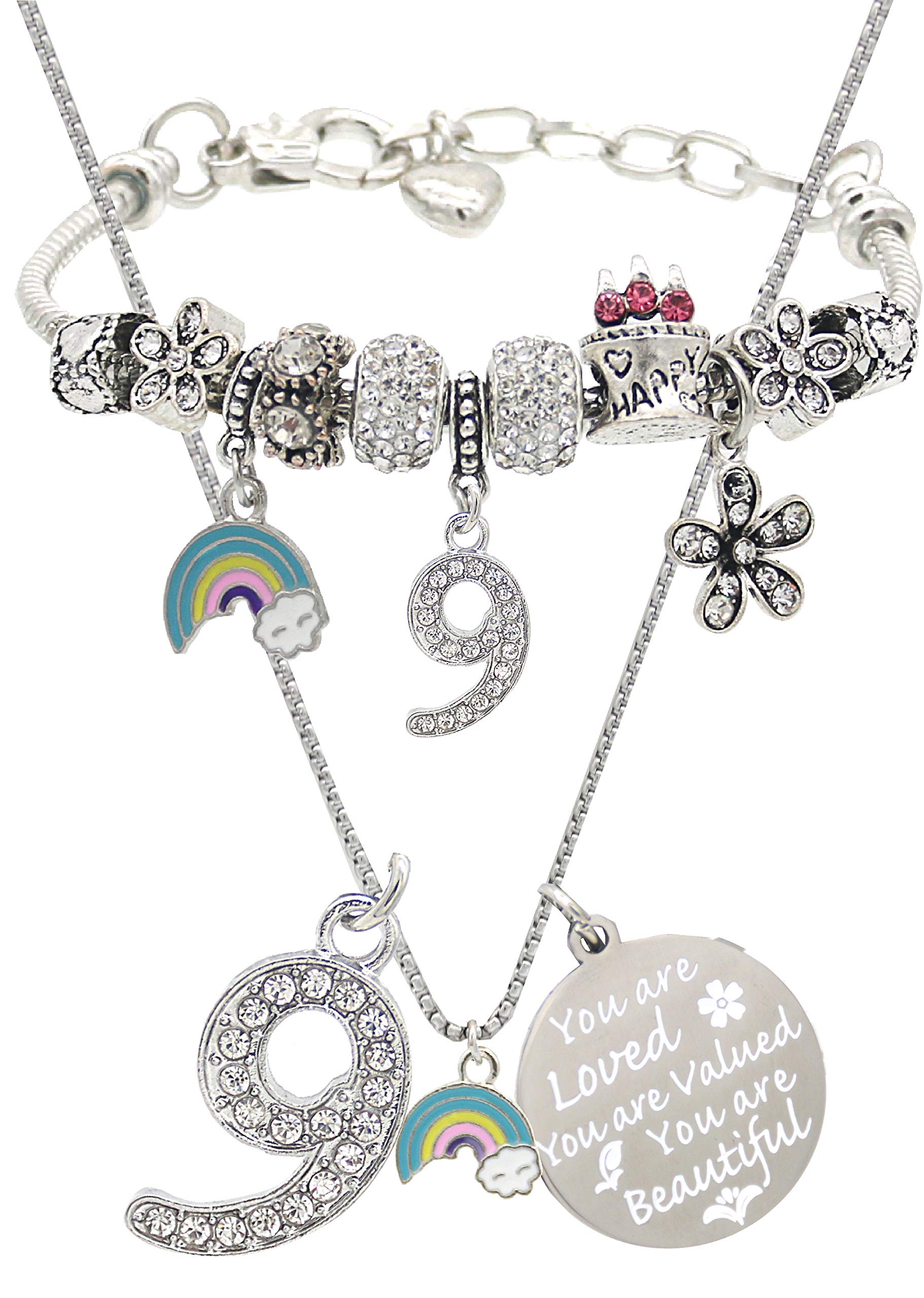 9th Birthday Gifts for Girls - Personalized Necklace & Charm Bracelet Set for 9 Year Old Girls | Unique Birthday Present for Daughter, Granddaughter, Niece | Perfect for Birthday Parties, Special Occasions & Everyday Wear