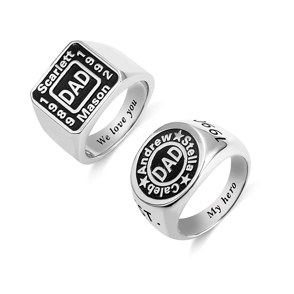 Custom 925 Sterling Silver/Brass Personalized Round & Square Dad Rings - Engraved Year Name Signet Rings for Men - Perfect Father's Day, Birthday Gifts for Dad & Grandpa - Ideal for Weddings, Anniversaries & Special Occasions