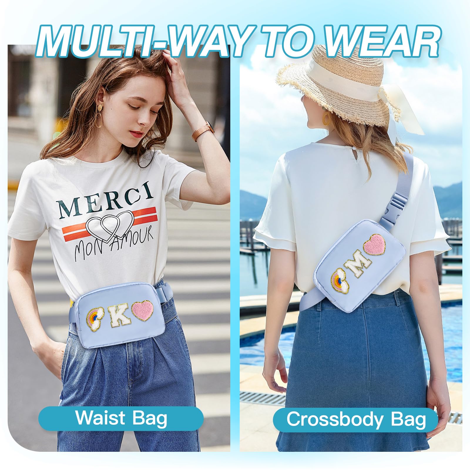 **Personalized Initial Belt Bag for Women & Girls - Stylish Fanny Pack with Keychain, Crossbody Waist Pack - Perfect Birthday Gift for Teen Girls & Mom - Travel Essential, Gym, Running, Shopping (Blue A)**