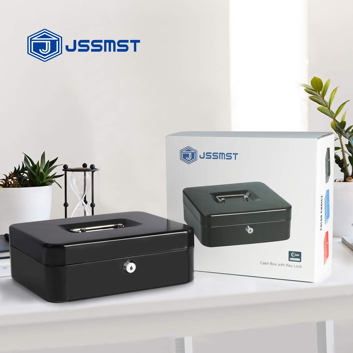 Jssmst Heavy Duty Metal Cash Box with Money Tray - Secure Locking Money Storage Box for Business, Home & Office Use - Black