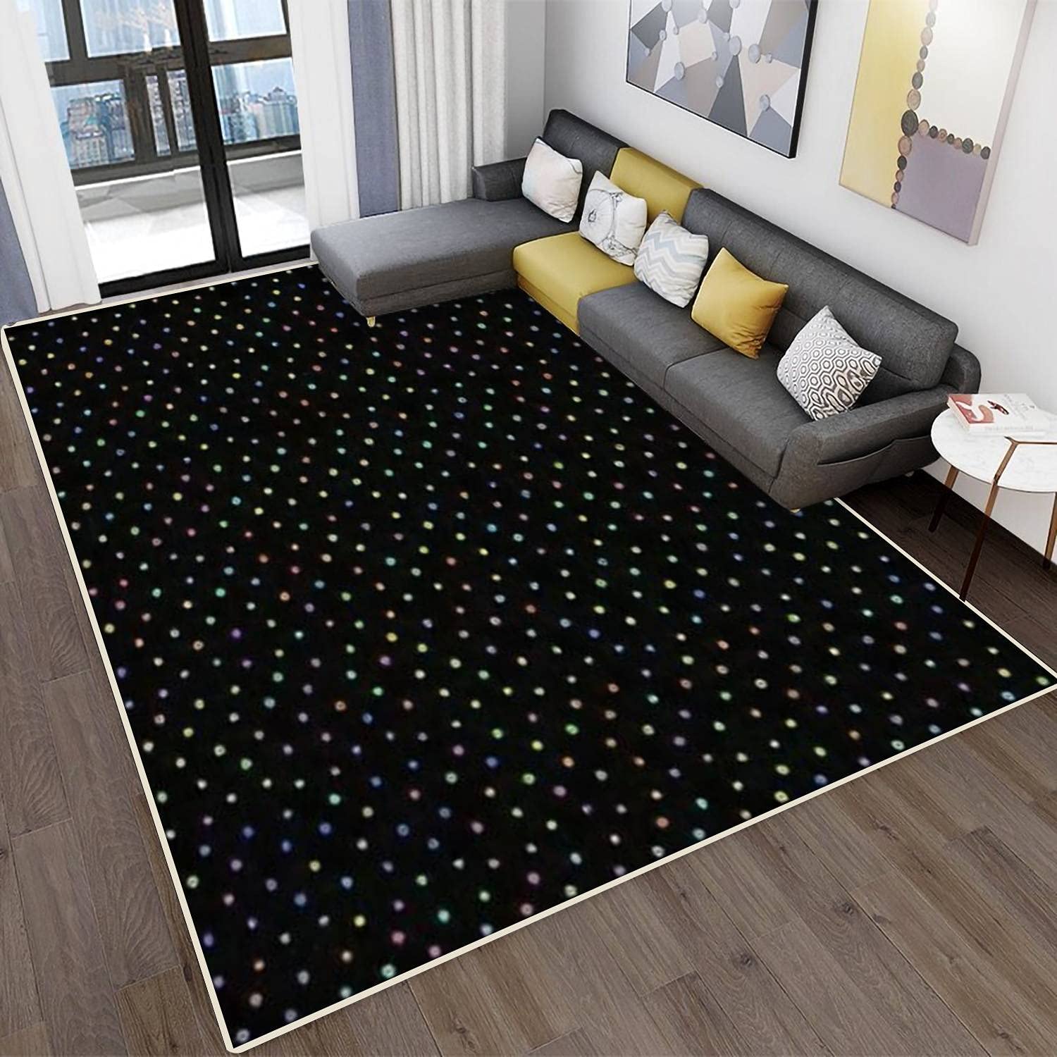 Modern Abstract Non-Slip Area Rug with Multicolor Dots on Black Background - Stain Resistant Indoor/Outdoor Carpet for Living Room, Bedroom & Home Decor | Perfect for High-Traffic Areas, Entryways & Pet-Friendly Spaces