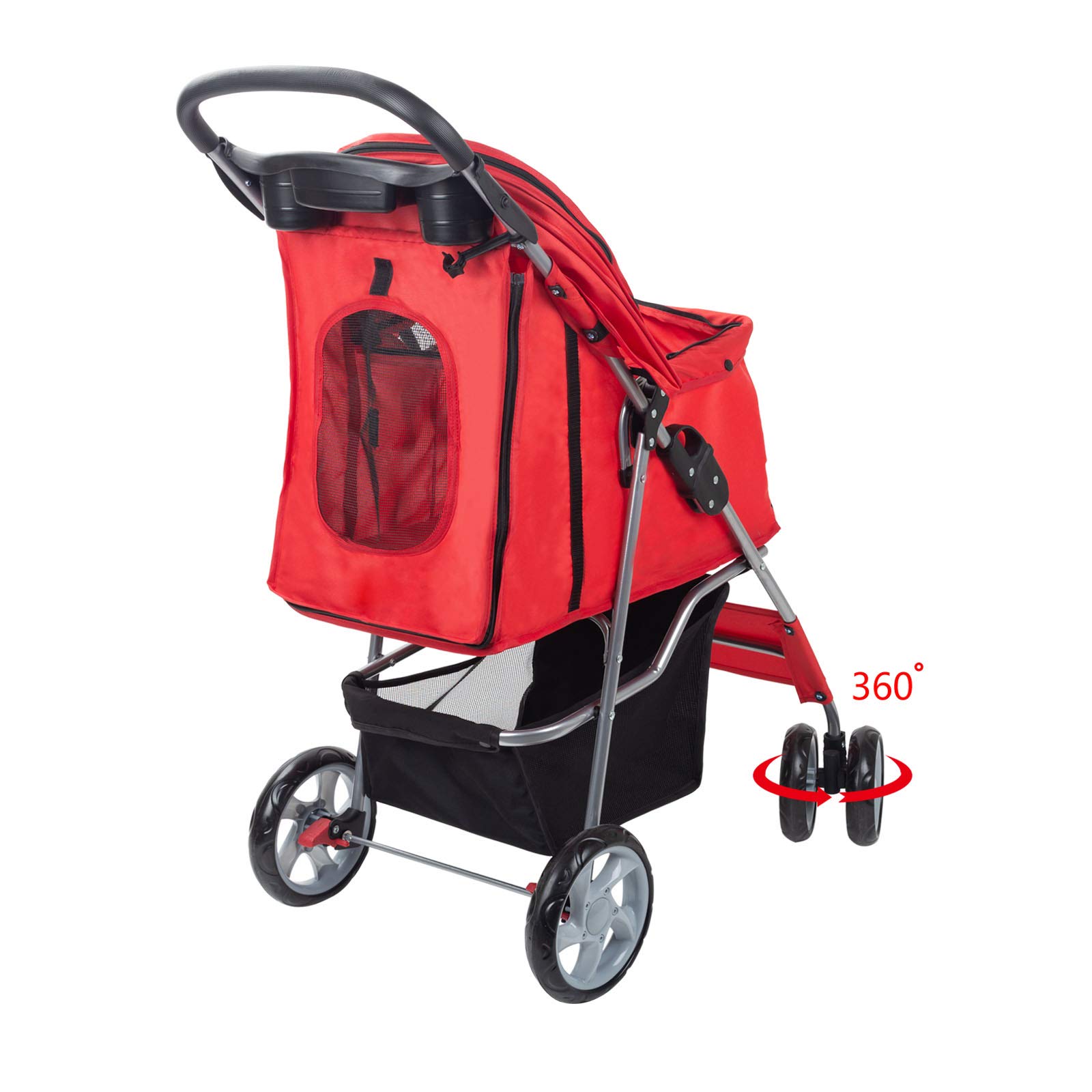 4-Wheel Folding Pet Stroller for Cats & Dogs - Lightweight Travel Carrier with Smooth Ride (Red) | Perfect for Jogging, Shopping & Outdoor Adventures