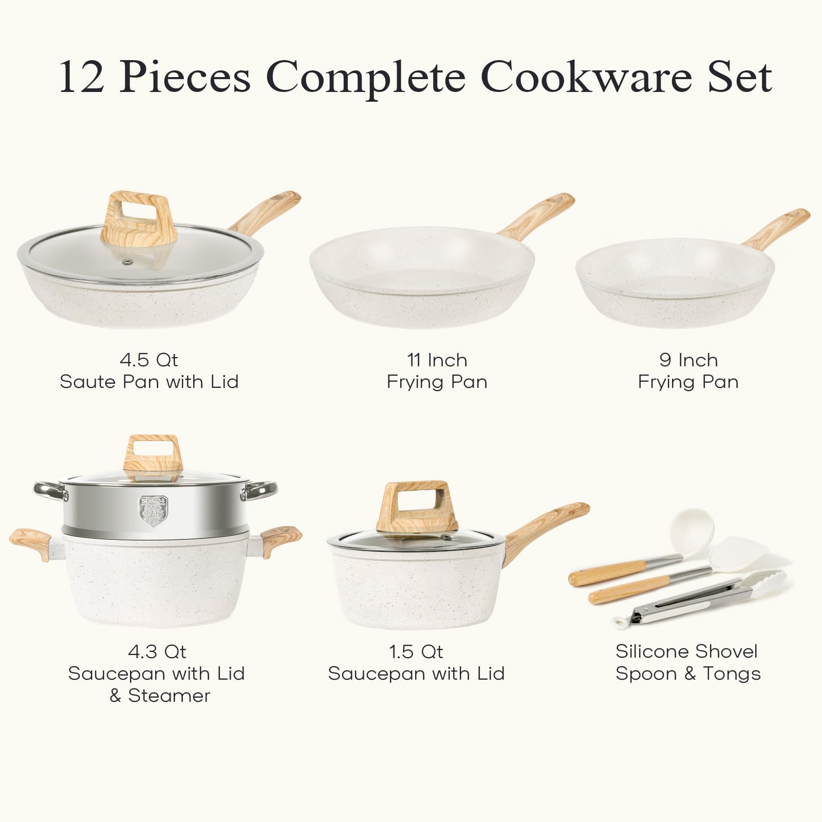 12-Piece Nonstick Cookware Set - White Granite Induction Pots & Pans, PFAS/PFOA/PFOS Free Healthy Kitchen Cooking Set with Frying Pans, Saucepans & Steamer | Perfect for Home Cooking, Meal Prep & Induction Stovetops