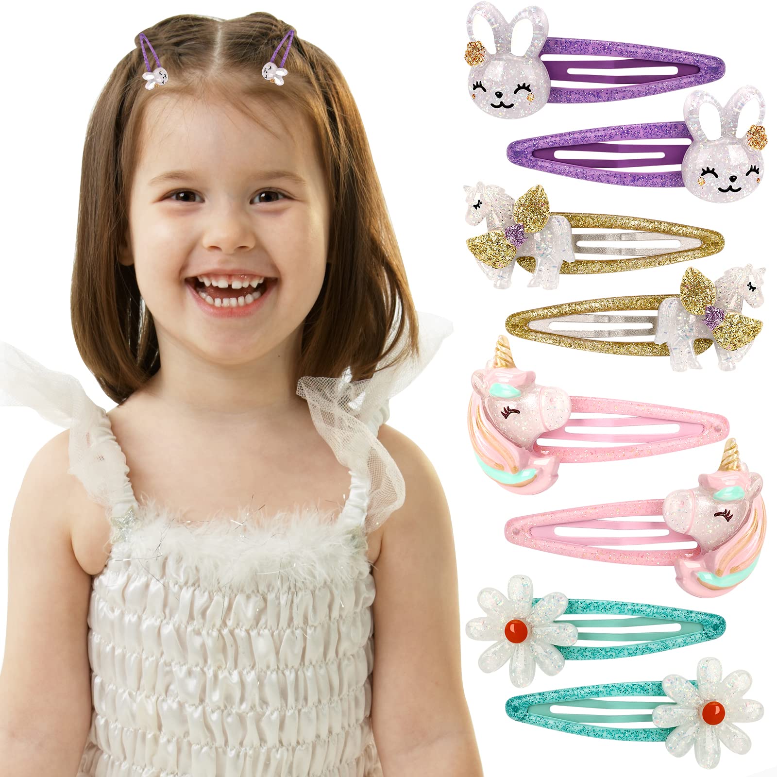 Unicorn Hair Clips for Toddler Girls - Cute Flower Snap Clips & Adorable Rabbit Metal Hair Pins | Perfect for Birthday Gifts, Party Favors, and Everyday Hair Accessories