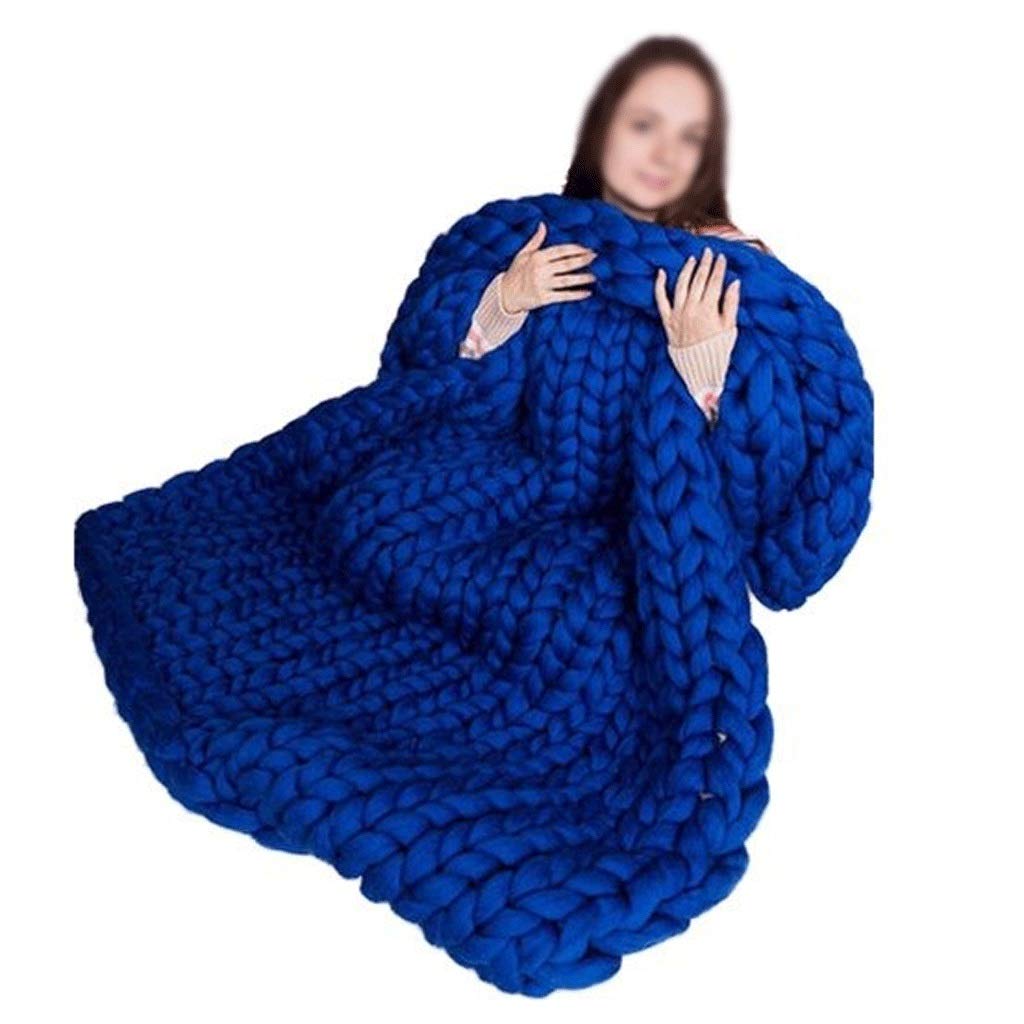 Chunky Merino Wool Knit Blanket - Handmade Thick Yarn Roving Throw for Sofa, Bed & Home Decor - Warm & Cozy 60x60cm Royal Blue - Perfect for Winter Nights, Gifts & Cozy Living Spaces