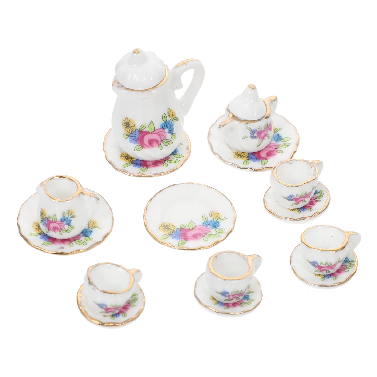 NUOBESTY 12-Piece Miniature Tea Set - 1:12 Scale Ceramic Tea Cups & Kitchen Accessories for Kids Pretend Play, Home Decor, Dollhouse Display (Golden Rose) - Perfect for Tea Parties, Role-Playing Games, and Collectible Displays