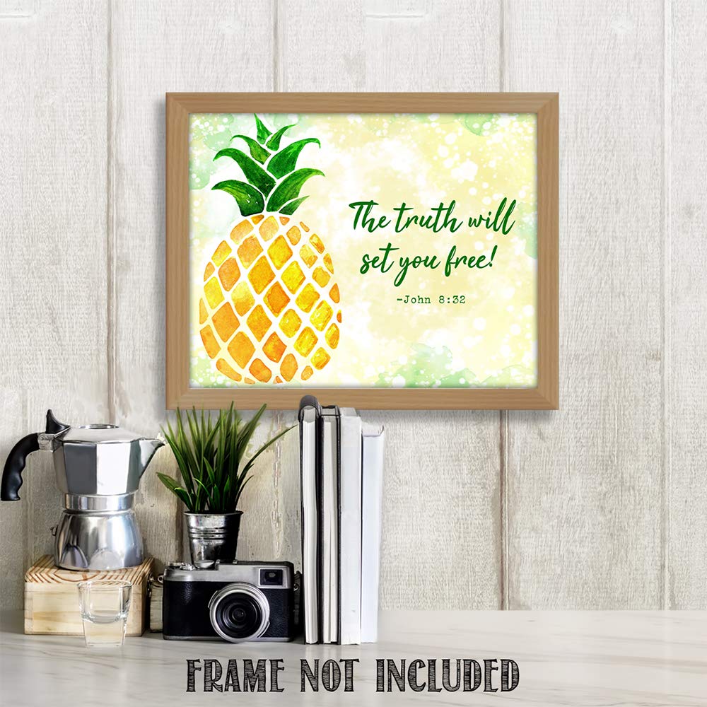 TJ Originals - John 8:32 Bible Wall Art Decor 'The Truth Will Set You Free' Christian Scripture Print - 11x14 Inspirational Wall Poster - Perfect for Home, Office & Church Decor - Great Gift for Women, Family & Friends (Pineapple Design)