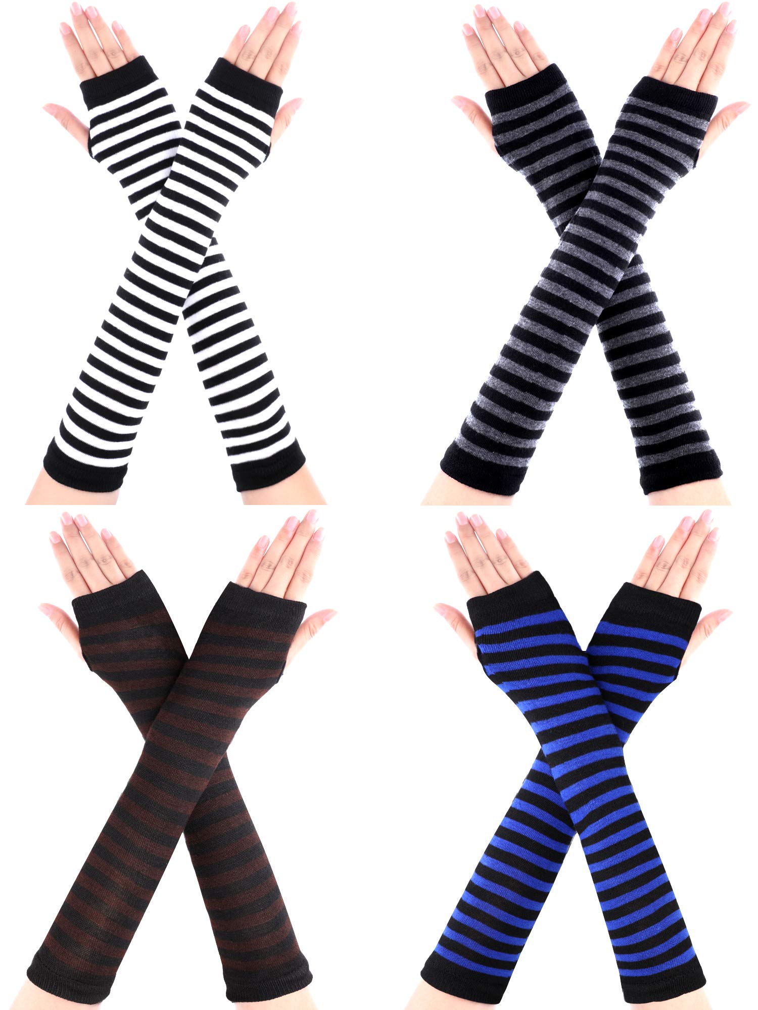 4 Pairs Women's Knit Arm Warmers - Long Fingerless Gloves with Thumb Hole, Elbow Length Winter Hand Warmers for Women (Black, Grey, Blue, Coffee) - Perfect for Outdoor Activities, Running, Cycling, Yoga and Cold Weather Fashion