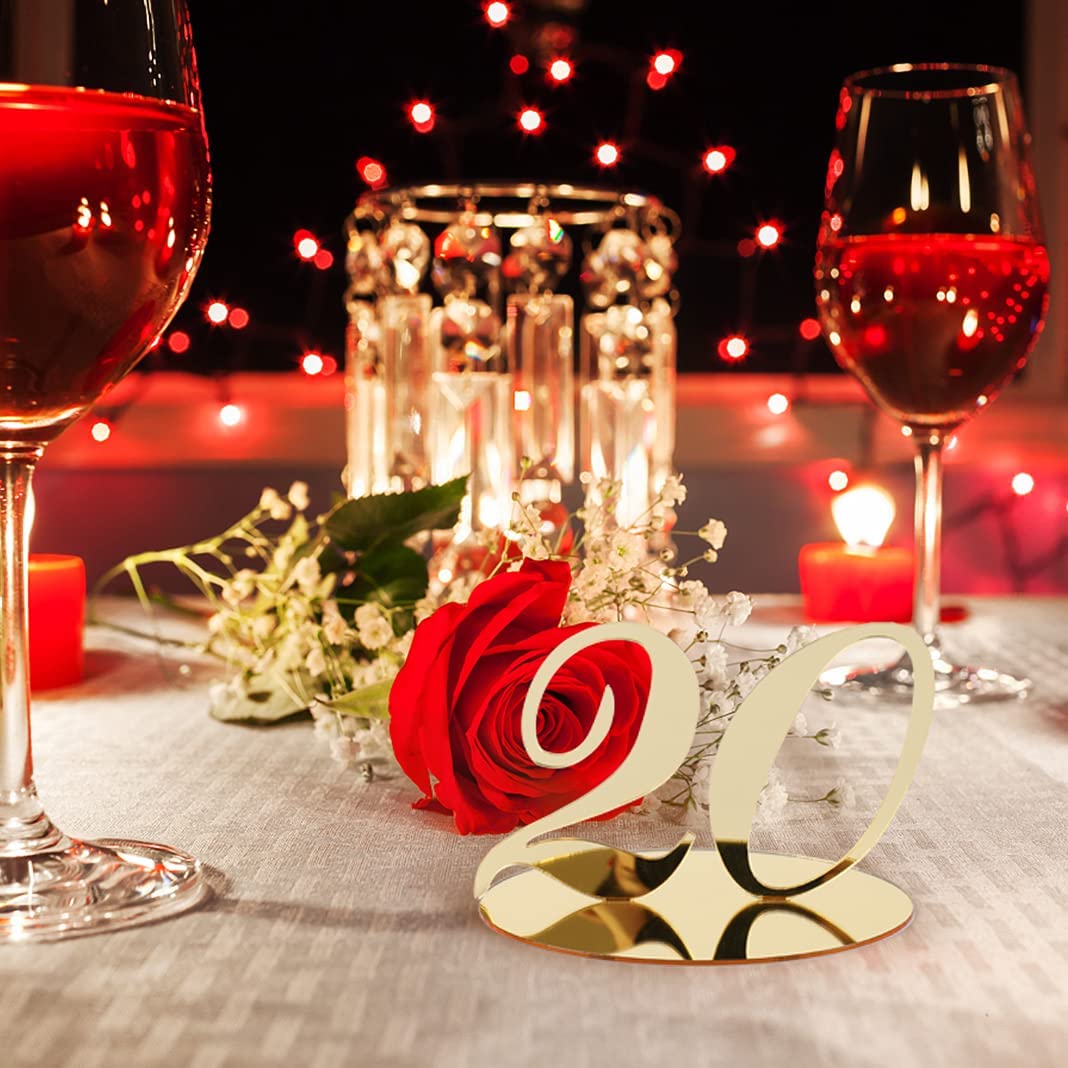 Gold Acrylic Table Numbers 1-20 with Stand - Double Sided Mirror Wedding & Party Decorations - Perfect for Reception Tables, Banquets, and Special Events