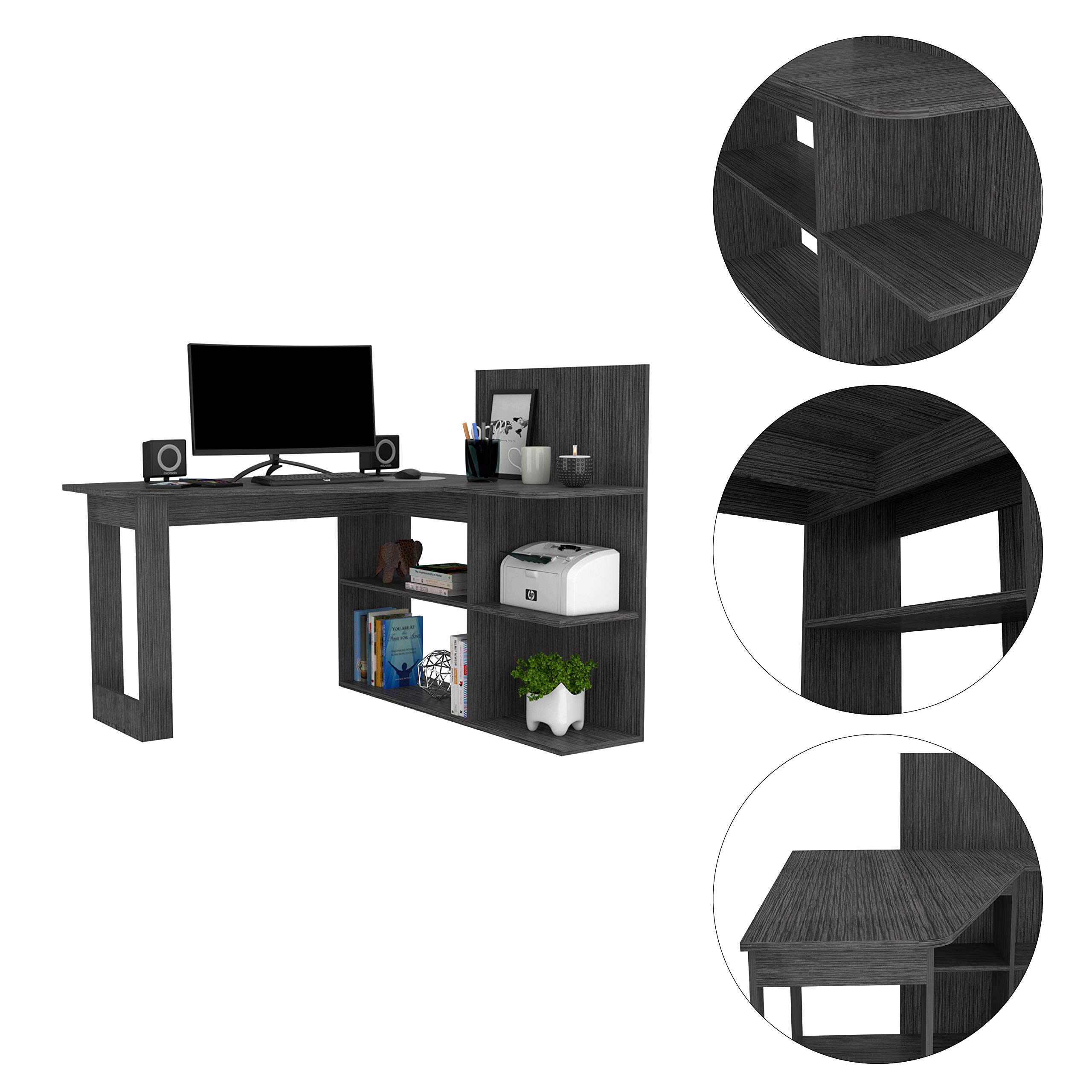 L-Shaped Computer Desk with 4 Shelves - Smokey Oak Finish, Home Office Desk for Small Spaces, Gaming & Study Workstation, Ergonomic Corner Desk for PC & Laptop