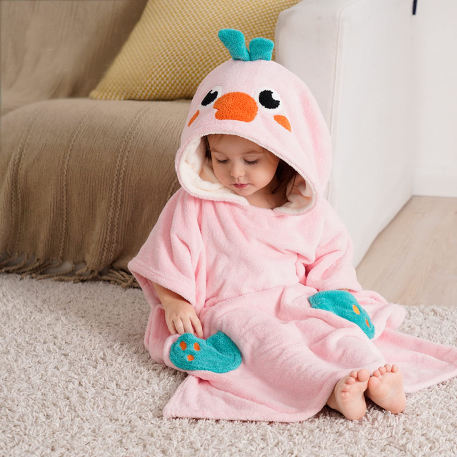 Bebamour Baby Hooded Towel and Washcloth Set - Soft Absorbent Bath Towels with Cute Pink Animal Design for Newborns, Infants & Toddlers - Perfect for Bath Time, Swimming Lessons & Spa Days