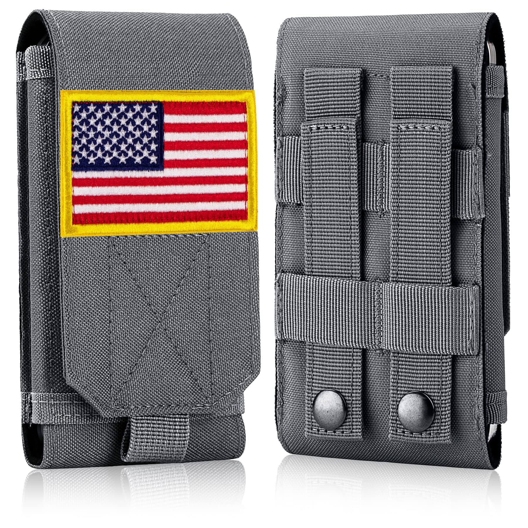 IronSeals Tactical MOLLE Phone Case - Heavy Duty Belt Loop Holster Pouch with American Flag Patch for iPhone 16 Pro Max/16 Plus/16 Pro/16/15 Pro Max/14 Pro Max/13 Pro Max/12 Pro Max & Galaxy S24 Ultra - Military Grade Protection for Outdoor, Hiking, Camping & Tactical Use