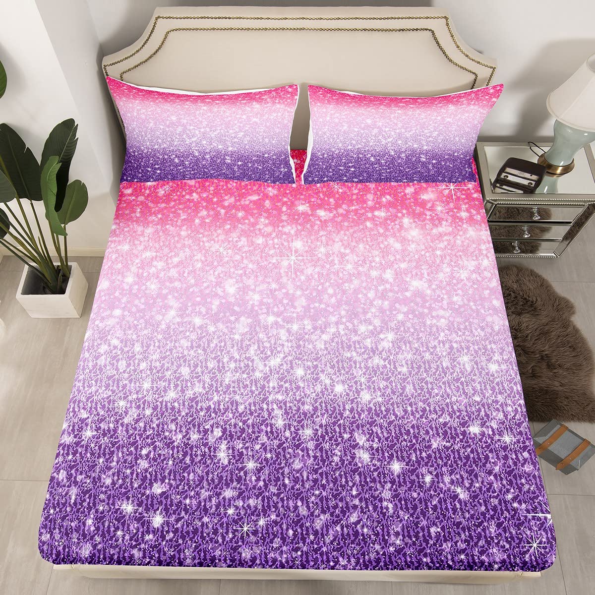 Erosebridal Galaxy Fitted Sheet Set - Twin Size Pink Purple Glitter Gradient Ombre Bedding with Starry Sky Sparkle Design (Includes 1 Pillowcase) | Perfect for Kids, Girls & Women's Bedroom Decor | Ideal for Themed Rooms, Sleepovers & Cozy Nights