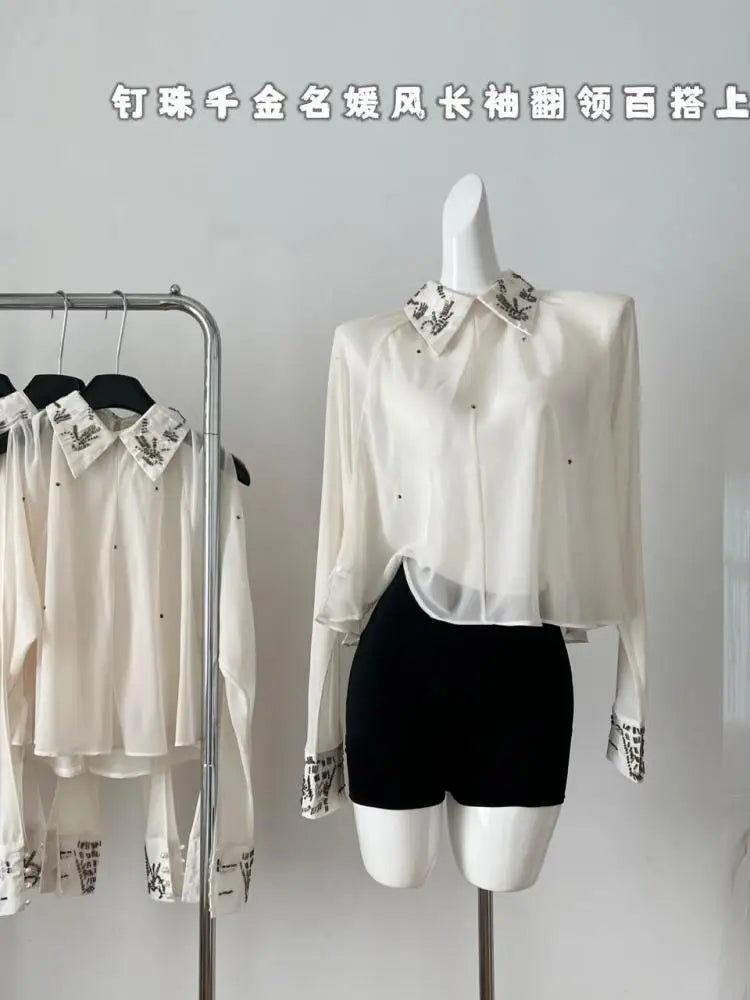 Elegant Beige Diamond Print Blouse for Women - Vintage French Style Long Sleeve Loose Fit Casual Top | Perfect for Autumn Office Wear, Date Nights & Fall Fashion Outfits