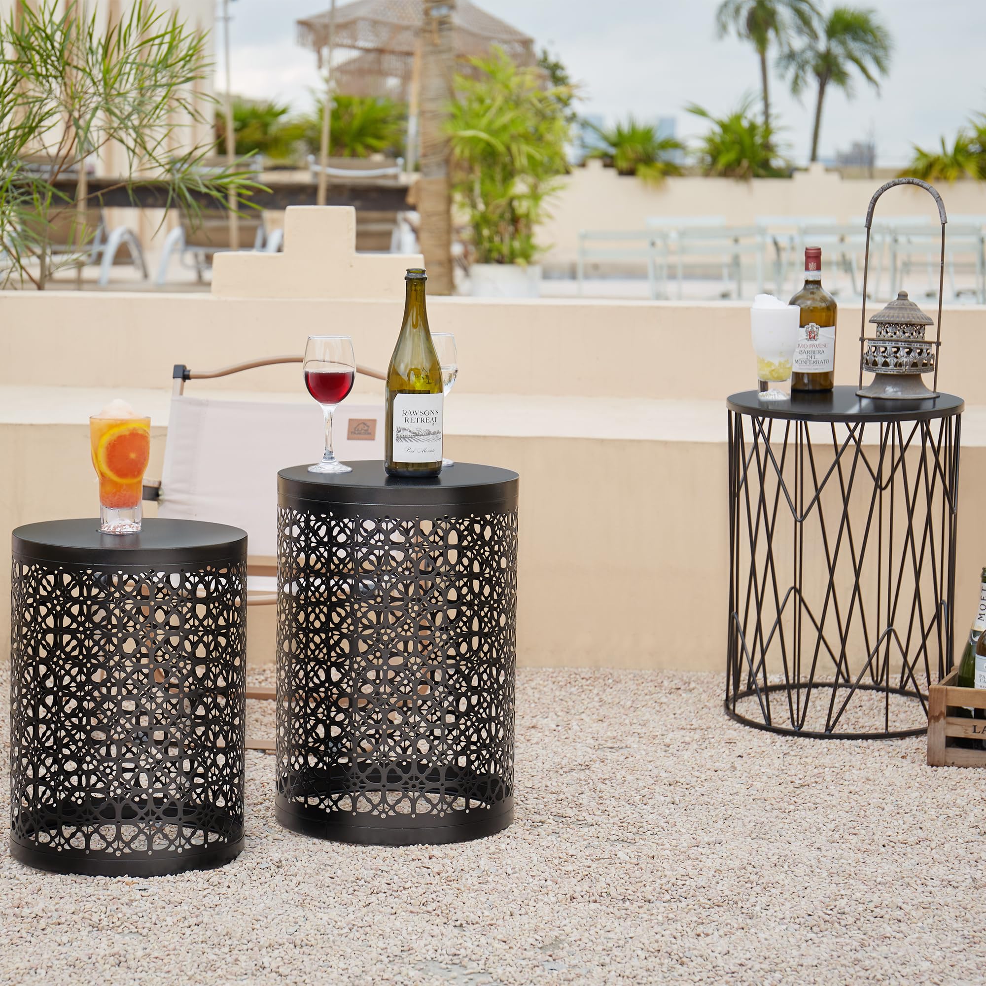 Y&M Set of 3 Black Round Nesting Tables - Space Saving Coffee Table, End Table & Side Table for Living Room, Bedroom, Patio & Outdoor Garden - Carbon Black (Fast US Shipping) | Perfect for Small Spaces, Apartment Decor & Entertaining Guests