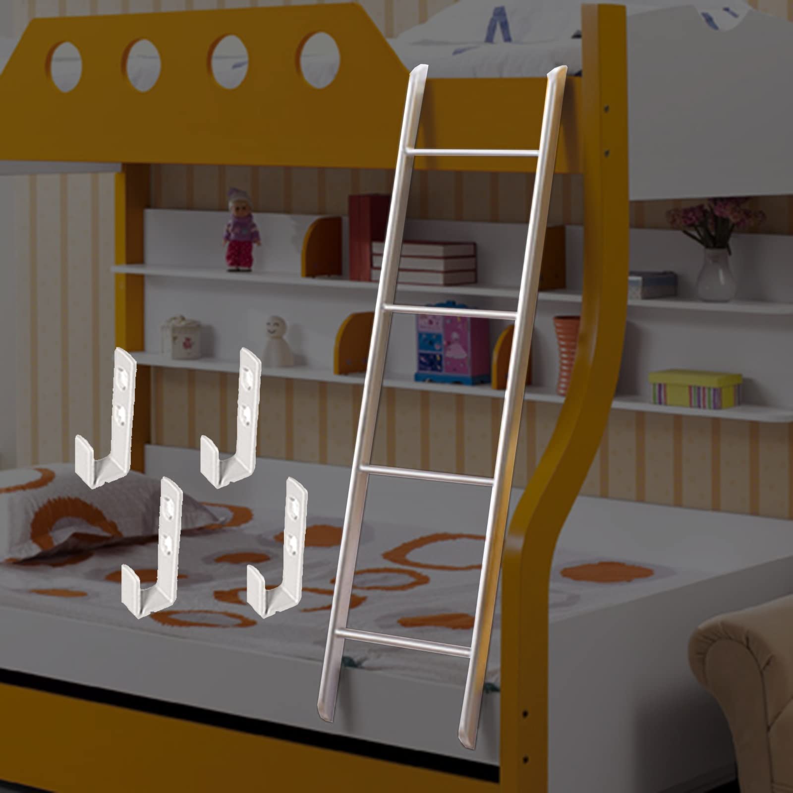 Safety Hanging Bunk Bed Ladder for Kids & Adults - 3.8ft Silver Metal Step Ladder with Hooks for RV, Camper, School Dorm, Twin Bed - Perfect for Climbing Safely in Small Spaces & Loft Beds