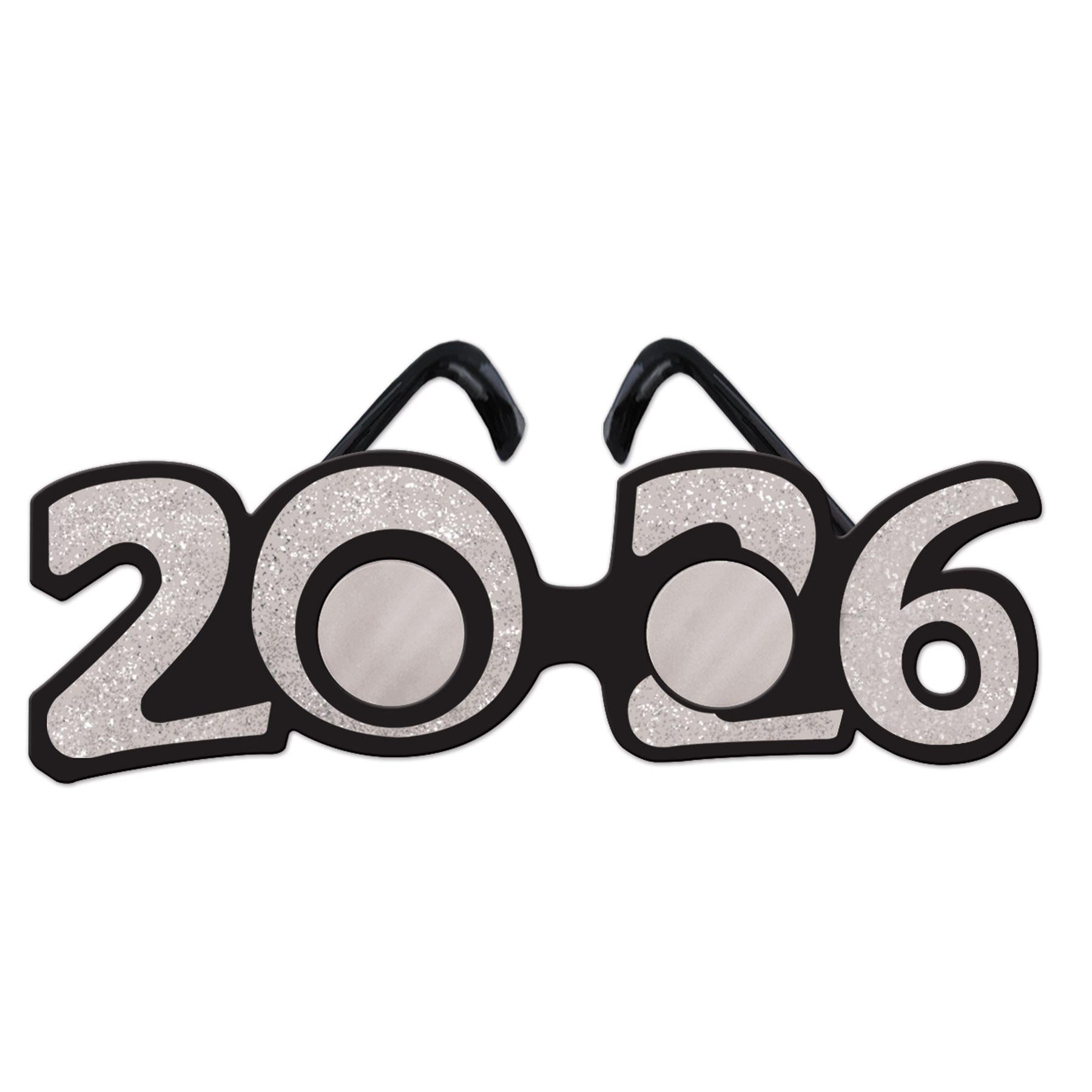 12 Pack Beistle 2026 Glittered Plastic Party Eyeglasses - Silver New Year's Eve Glasses for Celebrations, Festivals & Costume Parties