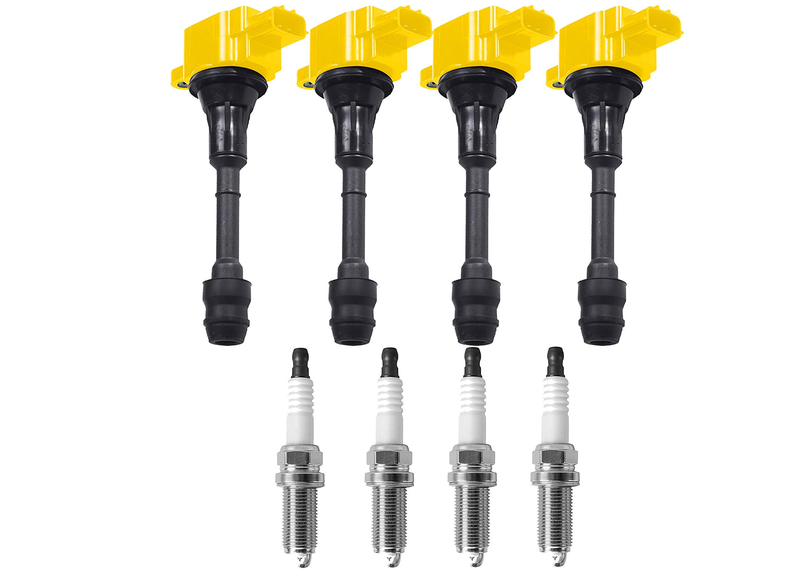 ENA Set of 4 Yellow Ignition Coil Pack & 4 Platinum Spark Plugs Compatible with Nissan Sentra Altima 2.5L L4 (2002-2006) - Replacement for UF350 224488H315 C1398 4505 | High Performance Engine Parts for Smoother Acceleration & Fuel Efficiency