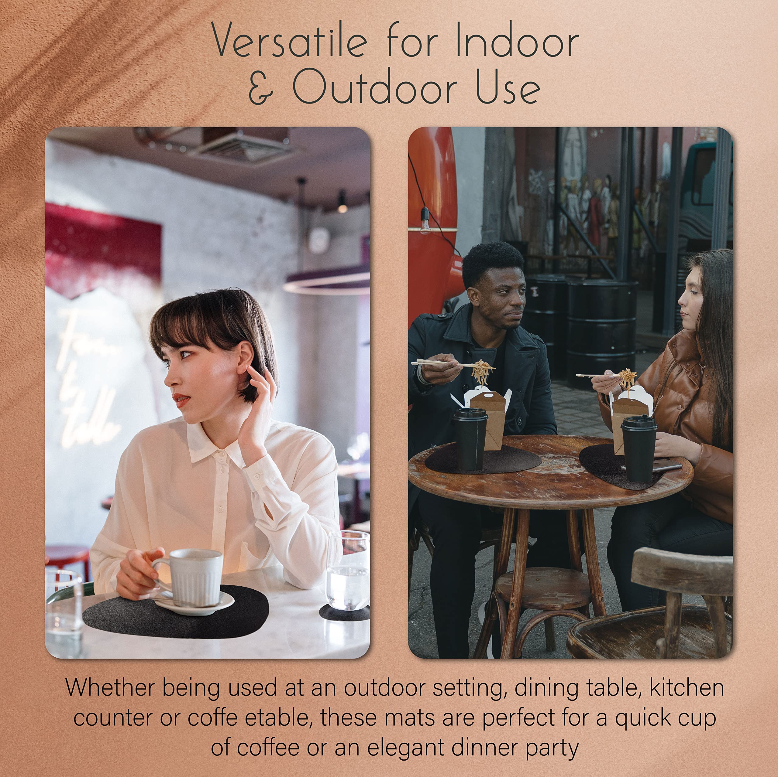 Premium Faux Leather Placemats and Coasters Set - 4 Round Modern Black Table Mats for Dining, Heat Resistant & Waterproof - Non-Slip for Indoor Outdoor Use - Easy Wipe Clean Care - Perfect for Dinner Parties, BBQs, and Daily Dining Protection