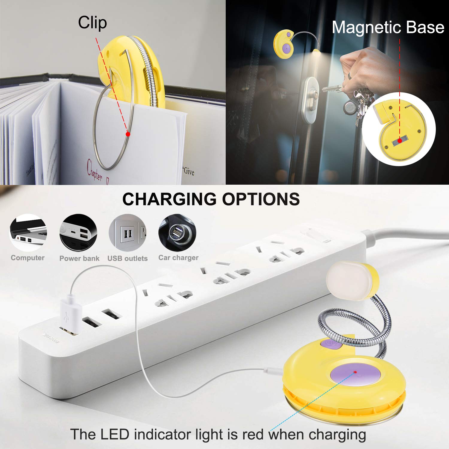 USB Rechargeable LED Book Light - 3 Brightness Dimmable Clip-on Reading Lamp for Kids & Adults, Portable Night Reading Light for Books in Bed, Travel, Study | Perfect Gift for Bookworms (Yellow)