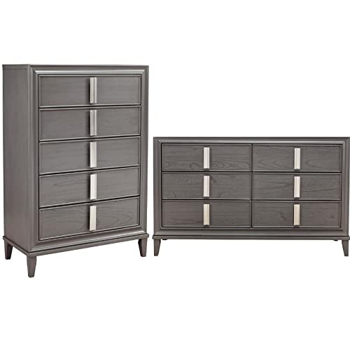 Home Square 2-Piece Dark Gray Wood Dresser Set - 6-Drawer Dresser & 5-Drawer Chest for Bedroom Furniture Organization | Perfect for Master Bedroom, Guest Room or Dorm Storage