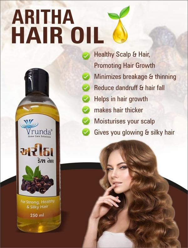 Vrunda Ayurvedic Aritha Hair Oil - 250ml Natural Hair Treatment for Damaged Hair, Men & Women - Promotes Hair Growth & Repair - Perfect for Daily Hair Care & Scalp Nourishment