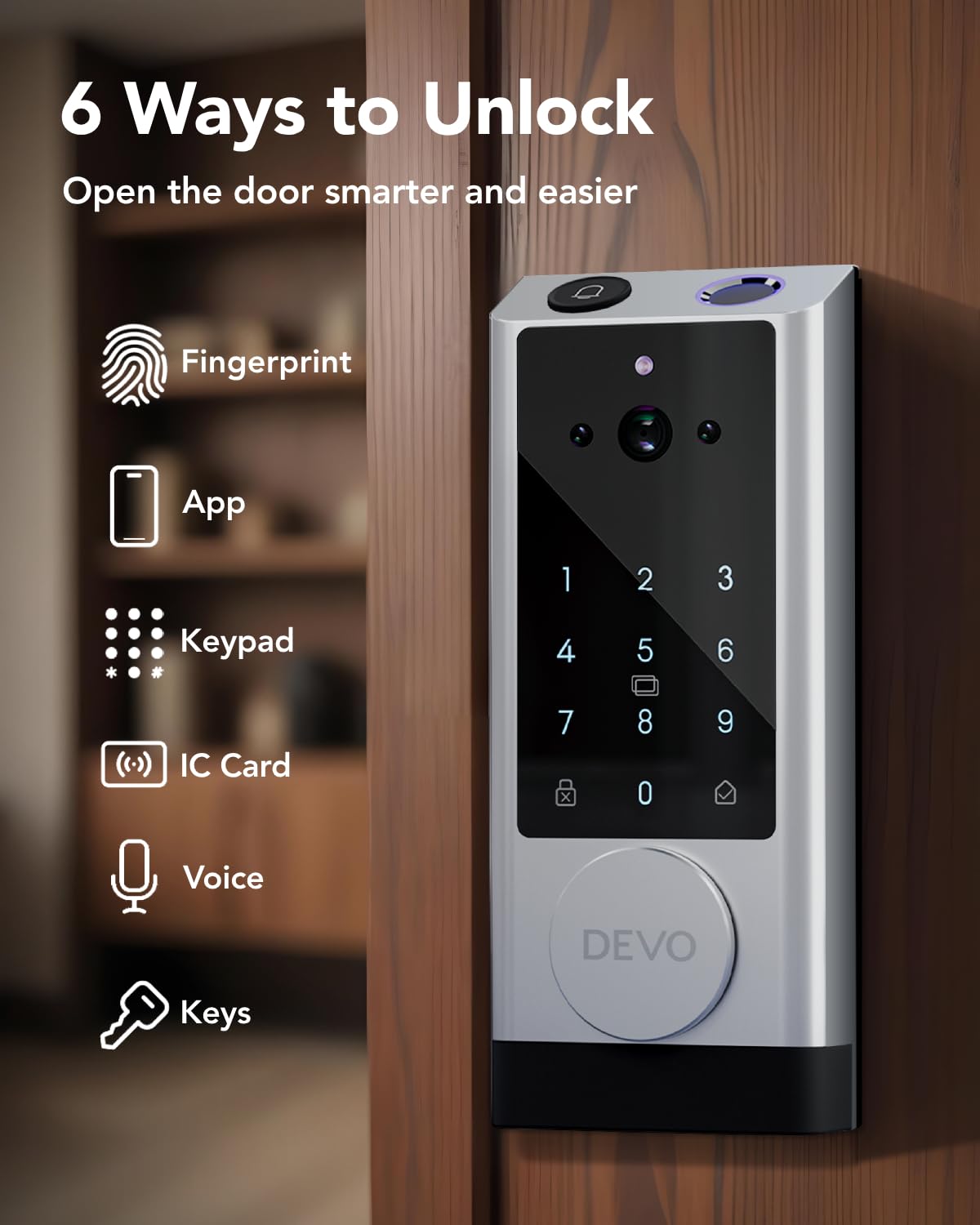 Devo G1 Smart Video Door Lock with Camera & Doorbell - 6-in-1 Keyless Entry, Fingerprint ID, Auto Lock, Wi-Fi Enabled Smart Deadbolt - BHMA Grade 3 Secure Front Door Lock - Easy Installation & Waterproof - Perfect for Home Security, Vacation Rentals & Smart Home Integration