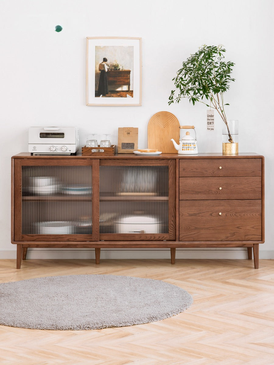 Solid Oak Wood Sideboard Buffet Cabinet - Rustic Farmhouse Dining Room Storage for Dishes, Linens & Entertaining Essentials