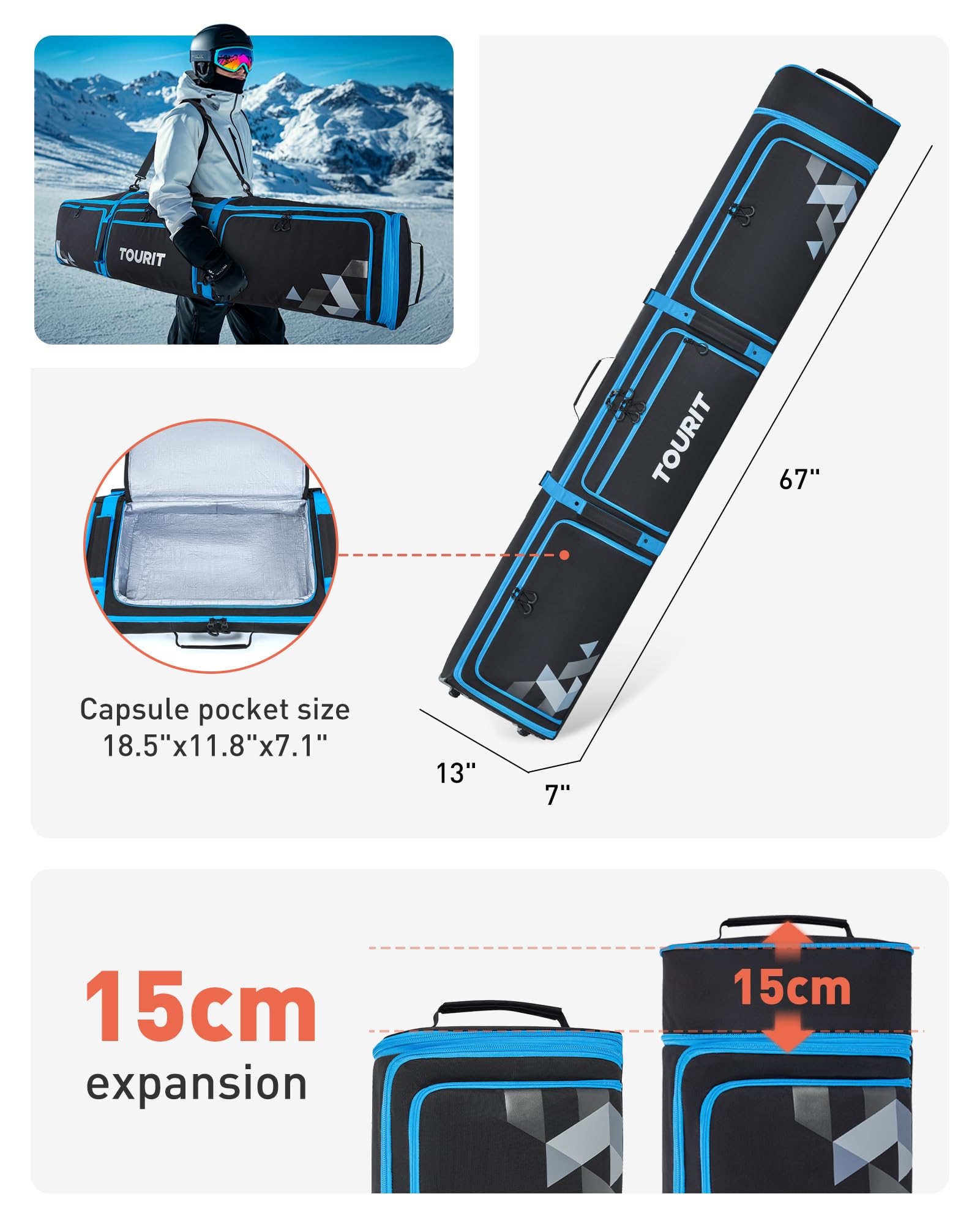 TOURIT Wheeled Ski and Snowboard Travel Bag - Padded Protection for Air Travel, Extendable 170-185cm (67-73in) - 3 Exterior Pockets for Boots, Helmets & Goggles - Perfect for Winter Sports Vacations and Mountain Getaways