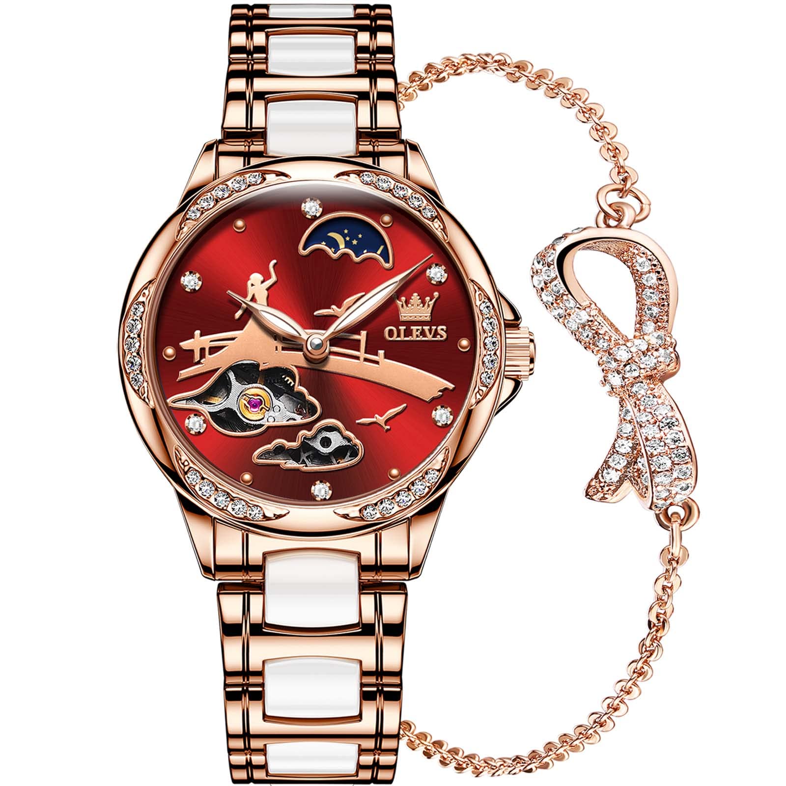 OLEVS Women's Elegant Automatic Watch - Self Winding Diamond Waterproof Watch with Large Face, Two-Tone Stainless Steel & Ceramic Band | Perfect for Business, Party & Everyday Wear