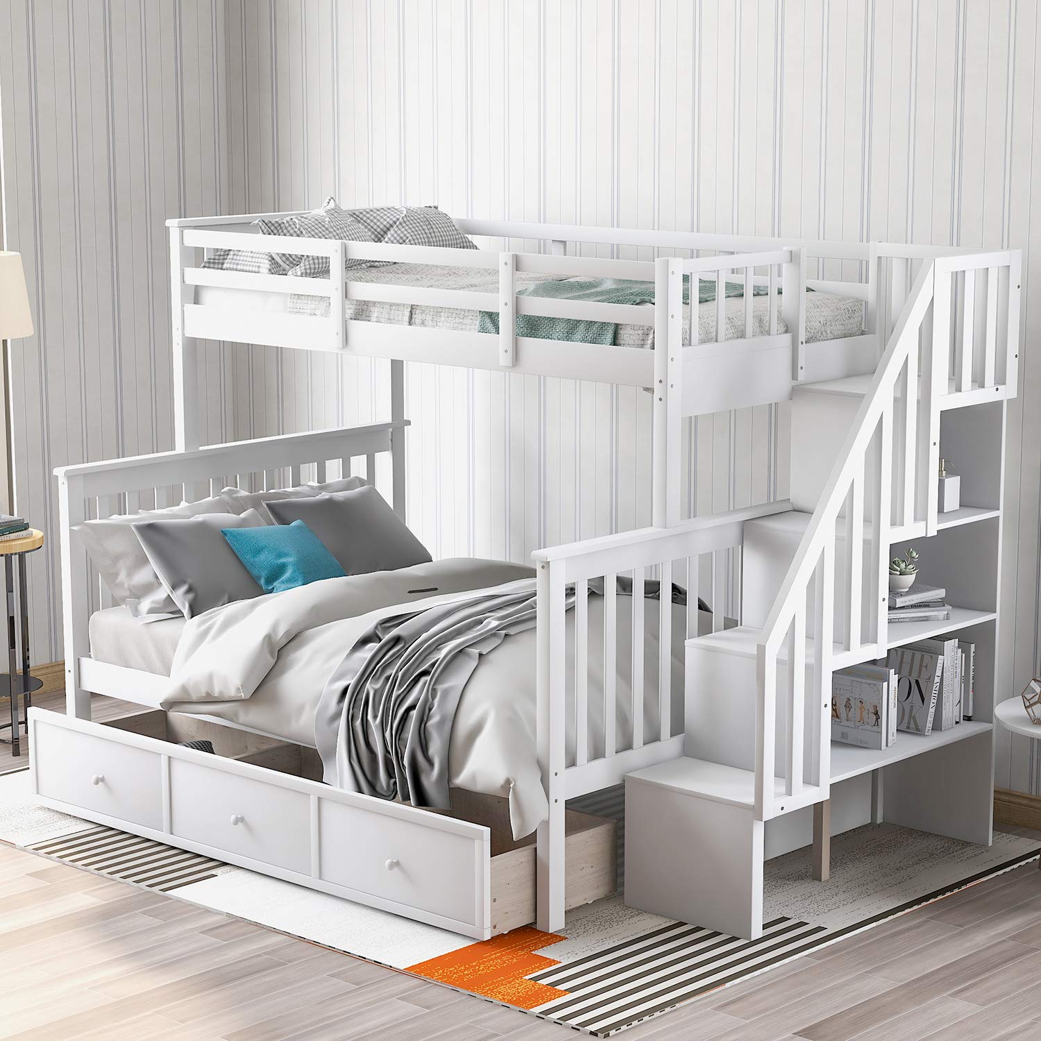 P PURLOVE Twin-Over-Full Bunk Bed with Drawer & Side Storage - Solid Wood Space-Saving Bunk Bed for Kids, Teens & Adults - Perfect for Small Bedrooms, Dorm Rooms & Guest Rooms