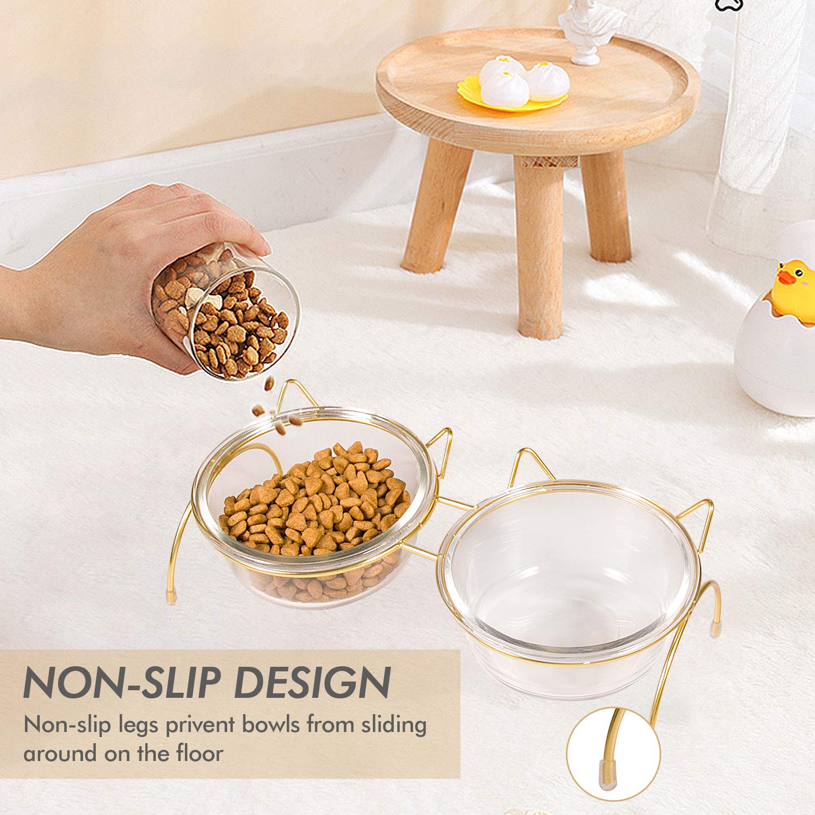 Elevated Cat Food and Water Bowls Set - 17oz Raised Pet Bowls with Stand for Cats & Dogs - Durable Glass Bowls Dishwasher Safe - Perfect for Home, Kitchen or Travel Use